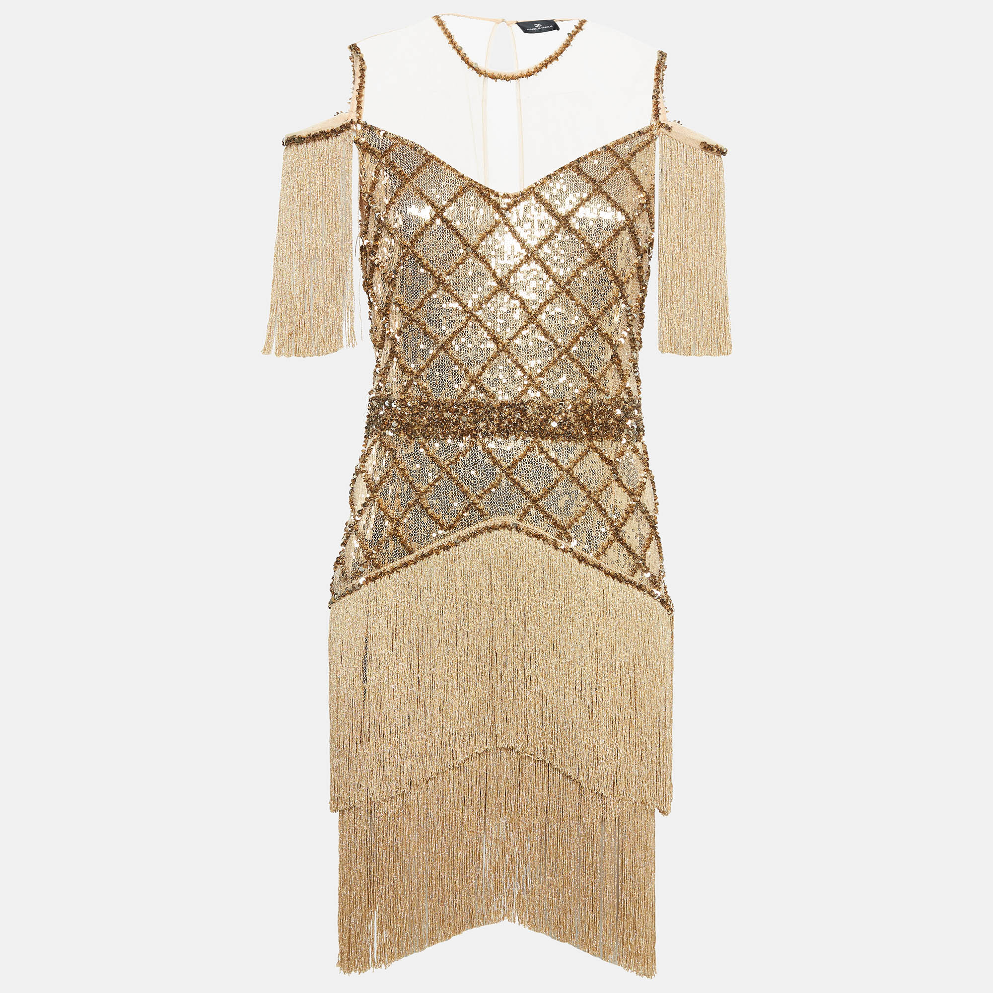 

Elisabetta Franchi Gold Sequin Tulle Fringed Mini Dress L