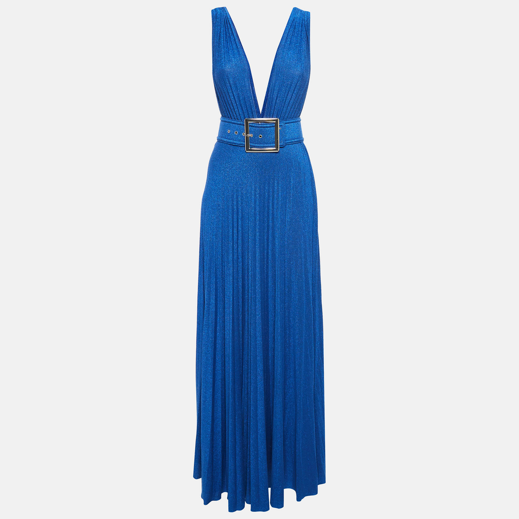 

Elisabetta Franchi Blue Lurex Jersey Plunging Neck Plisse Maxi Dress S