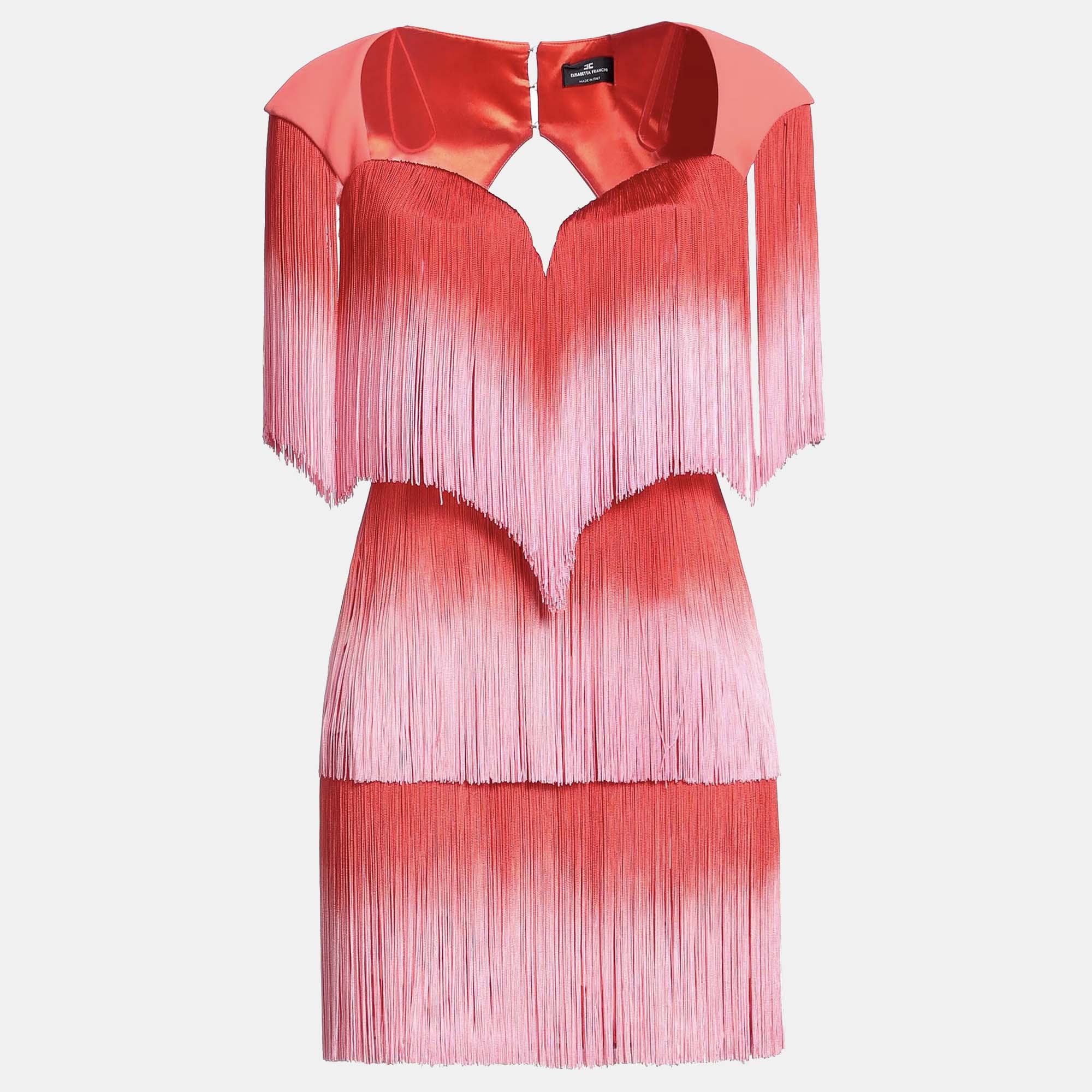 

Elisabetta Franchi Red/Pink Printed Crepe and Fringe Mini Dress S