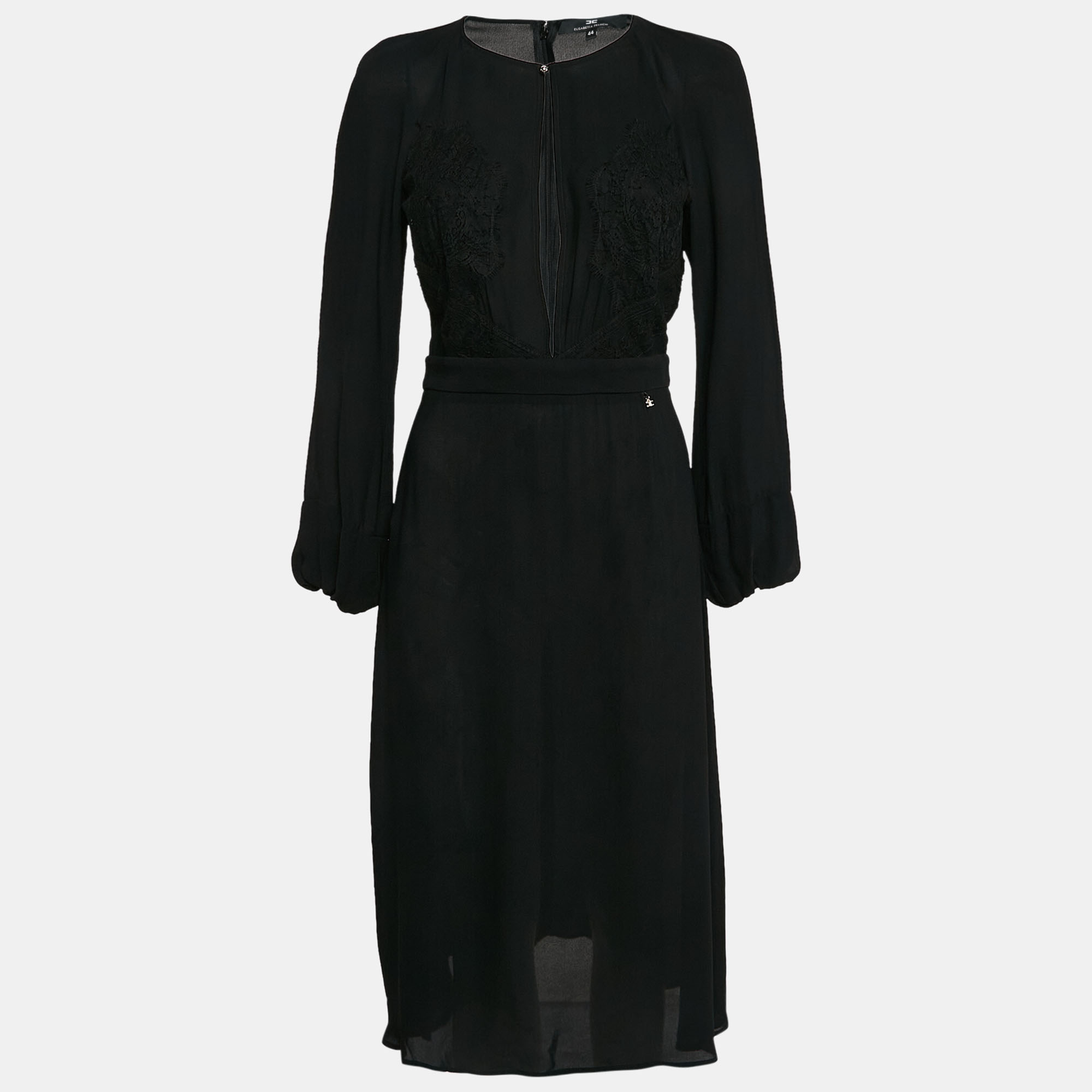 

Elisabetta Franchi Black Lace Trim Crepe Plunging Neck Midi Dress M