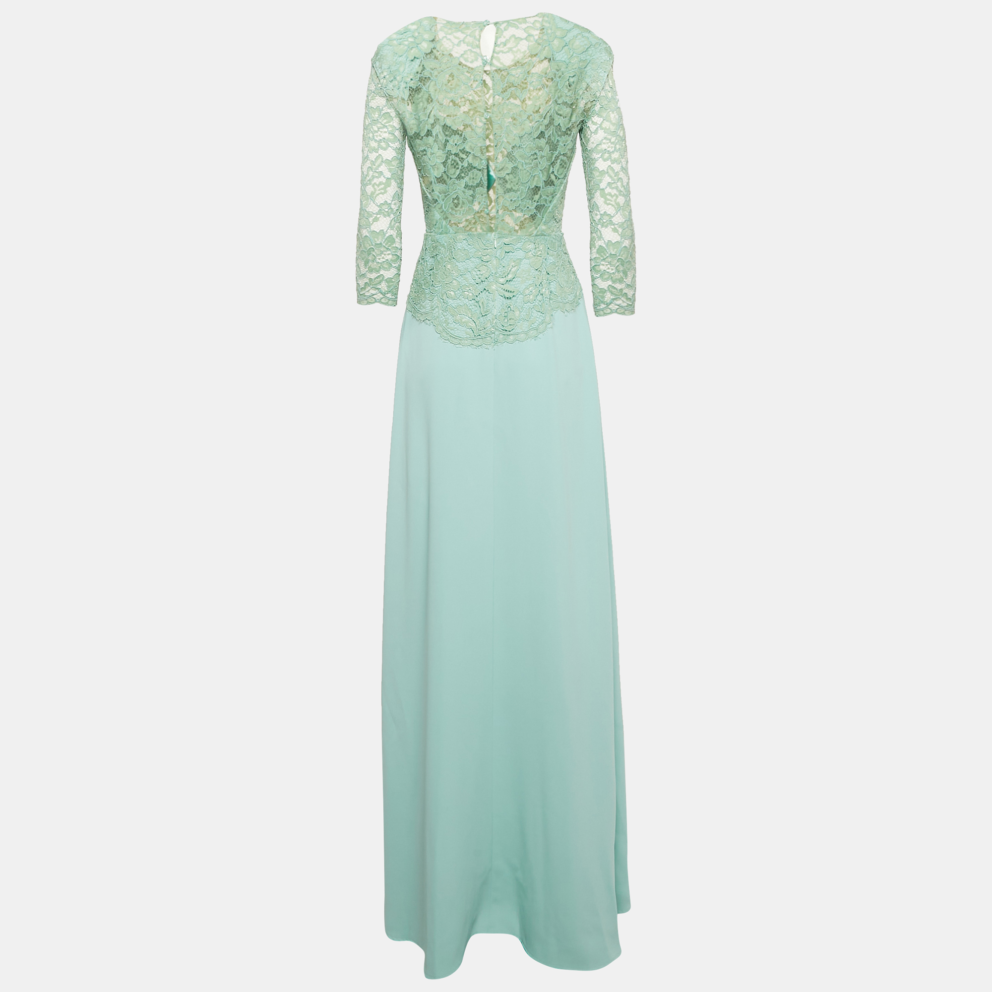 

Elisabetta Franchi Mint Green Chiffon and Guipure Lace Bodice Maxi Dress M