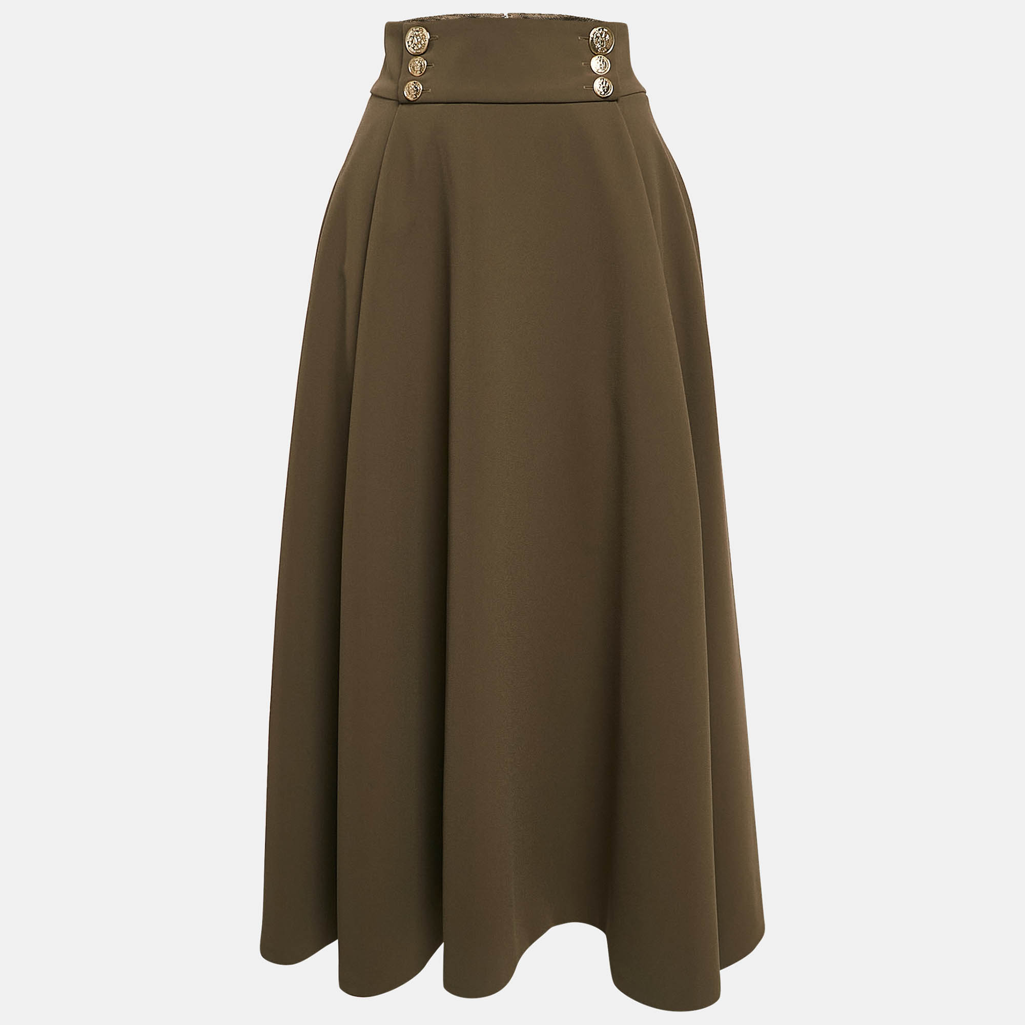 

Elisabetta Franchi Olive Green Crepe Box Pleated Midi Skirt M