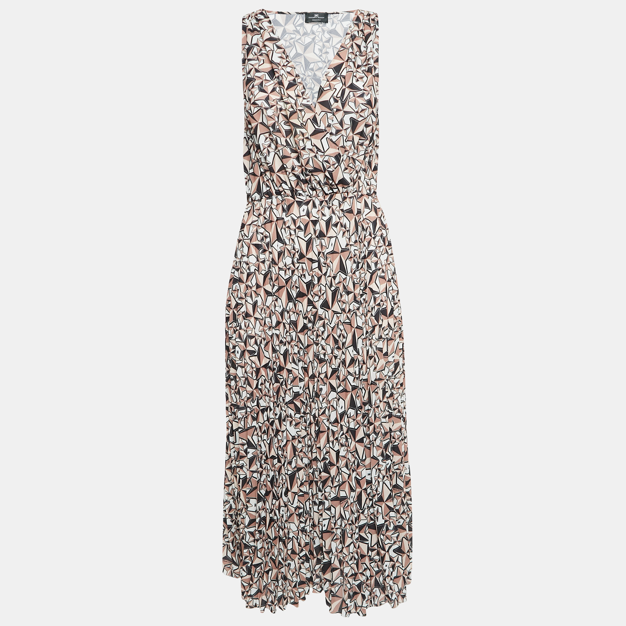 

Elisabetta Franchi Brown Printed Pleat Crepe Detail Midi Dress M