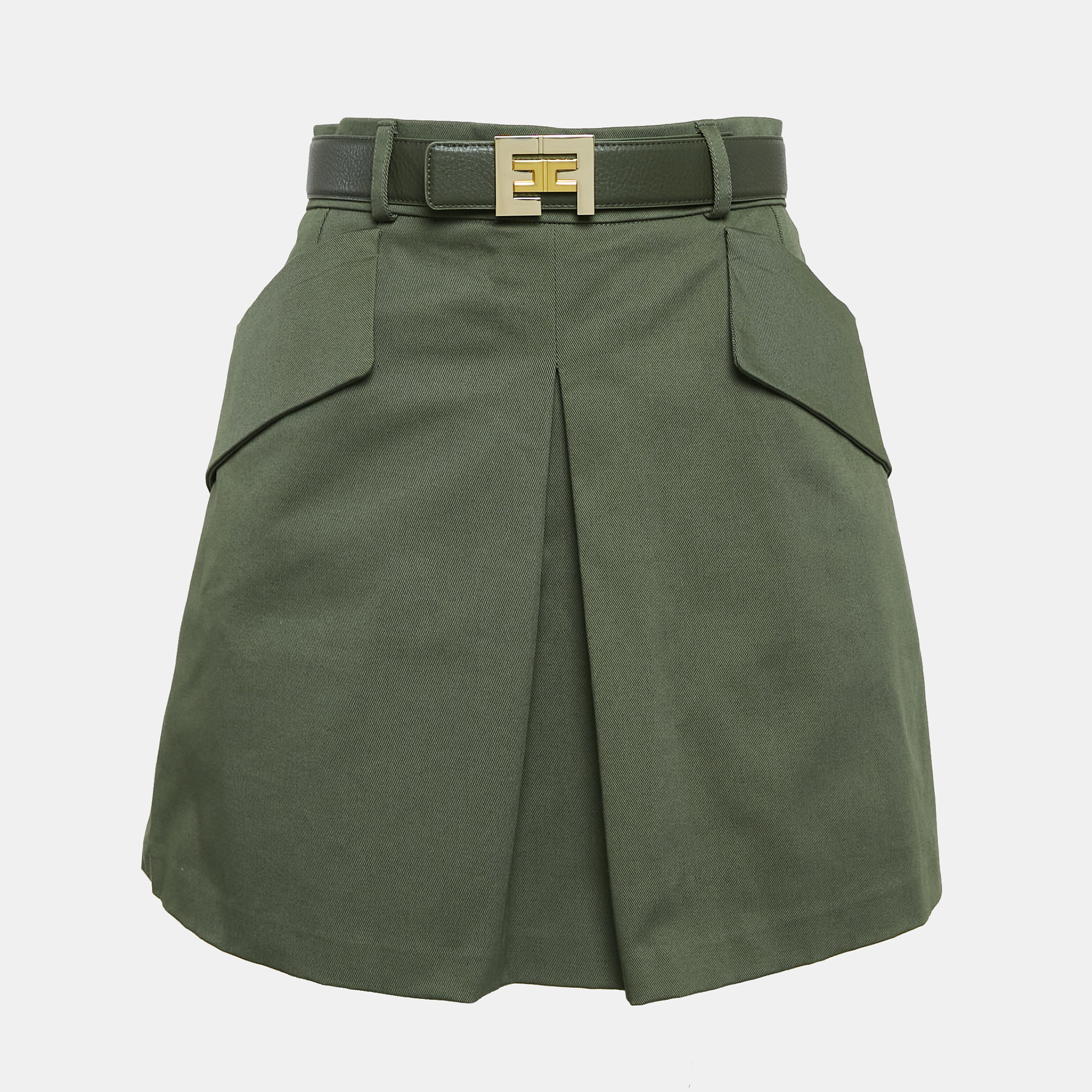 

Elisabetta Franchi Green Gabardine Logo Plaque Belted Mini Skirt M