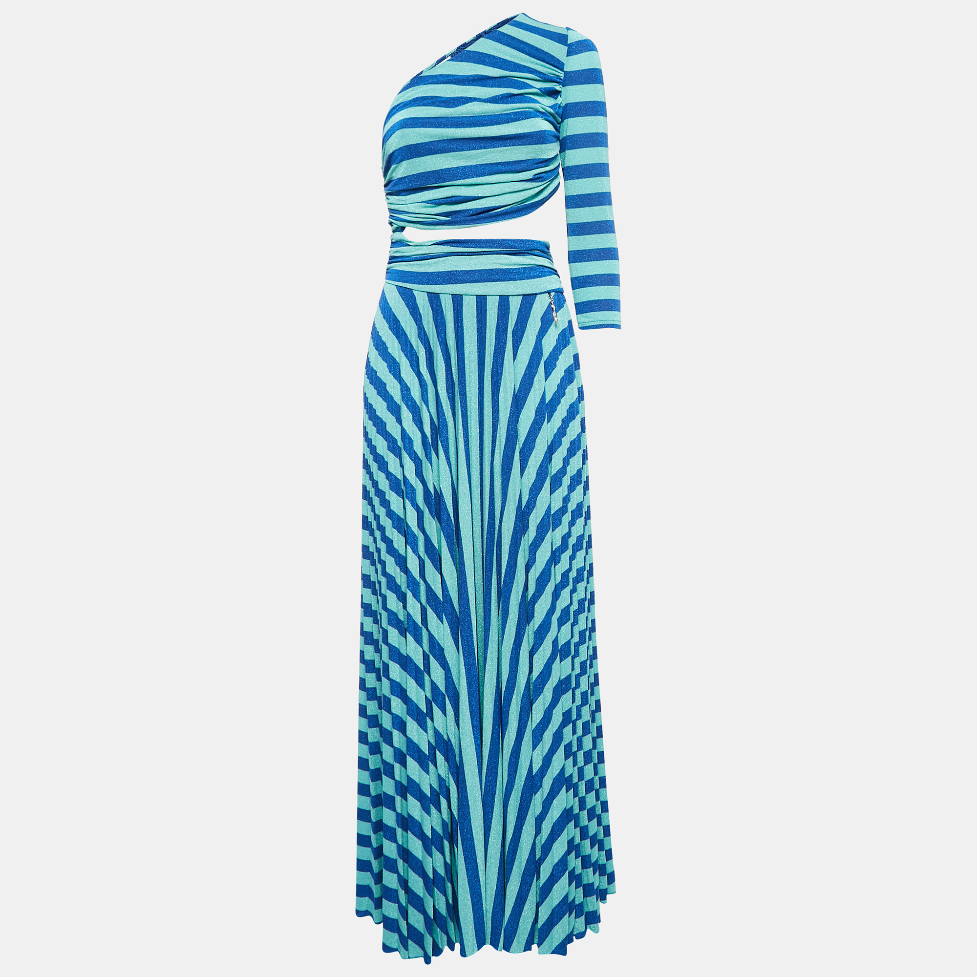 

Elisabetta Franchi Blue Stripe Lurex Knit Cut-Out Maxi Dress XS