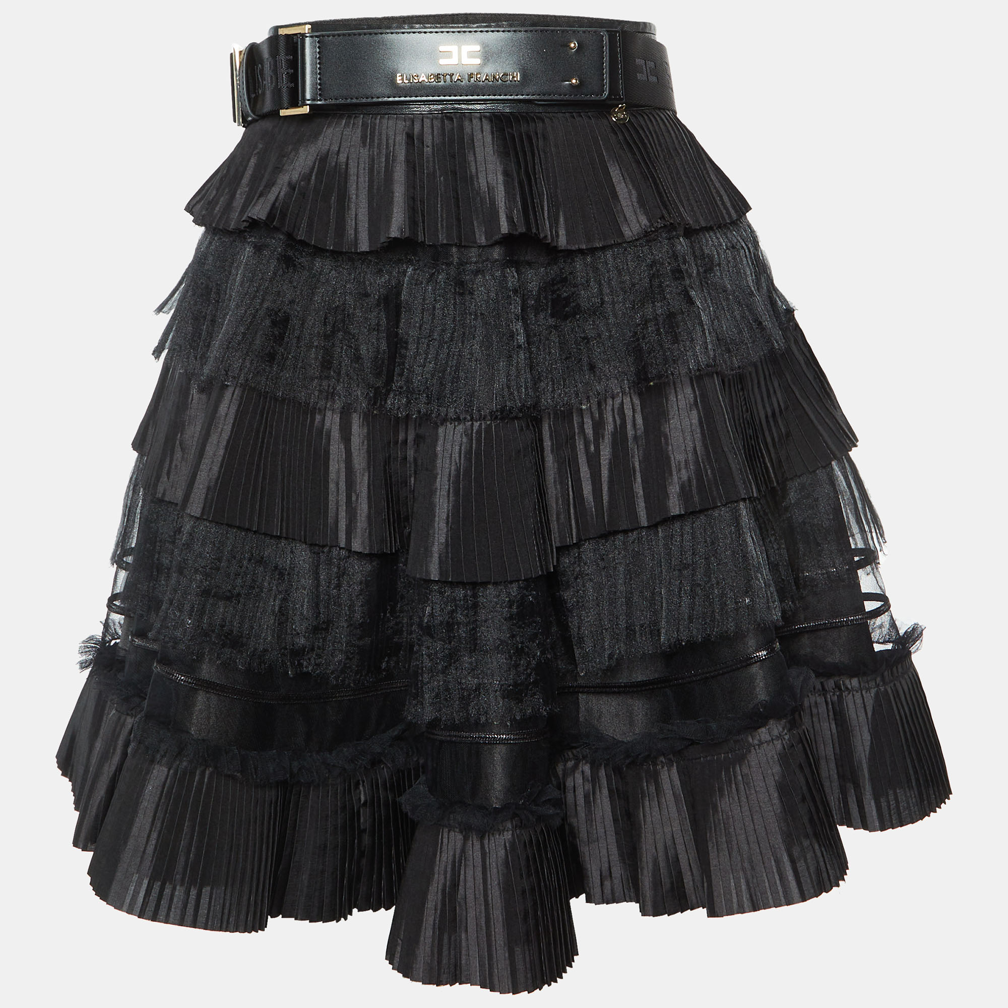 

Elisabetta Franchi Black Pleated Crepe Belted Mini Skirt M