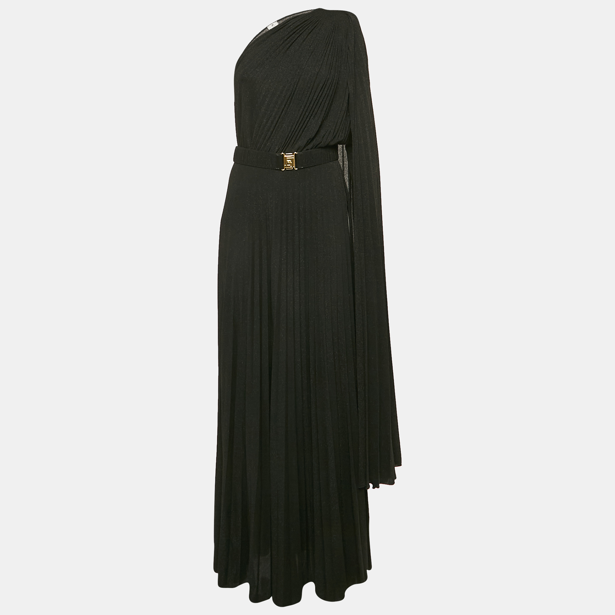 

Elisabetta Franchi Black Lurex Knit One-Shoulder Belted Maxi Dress L