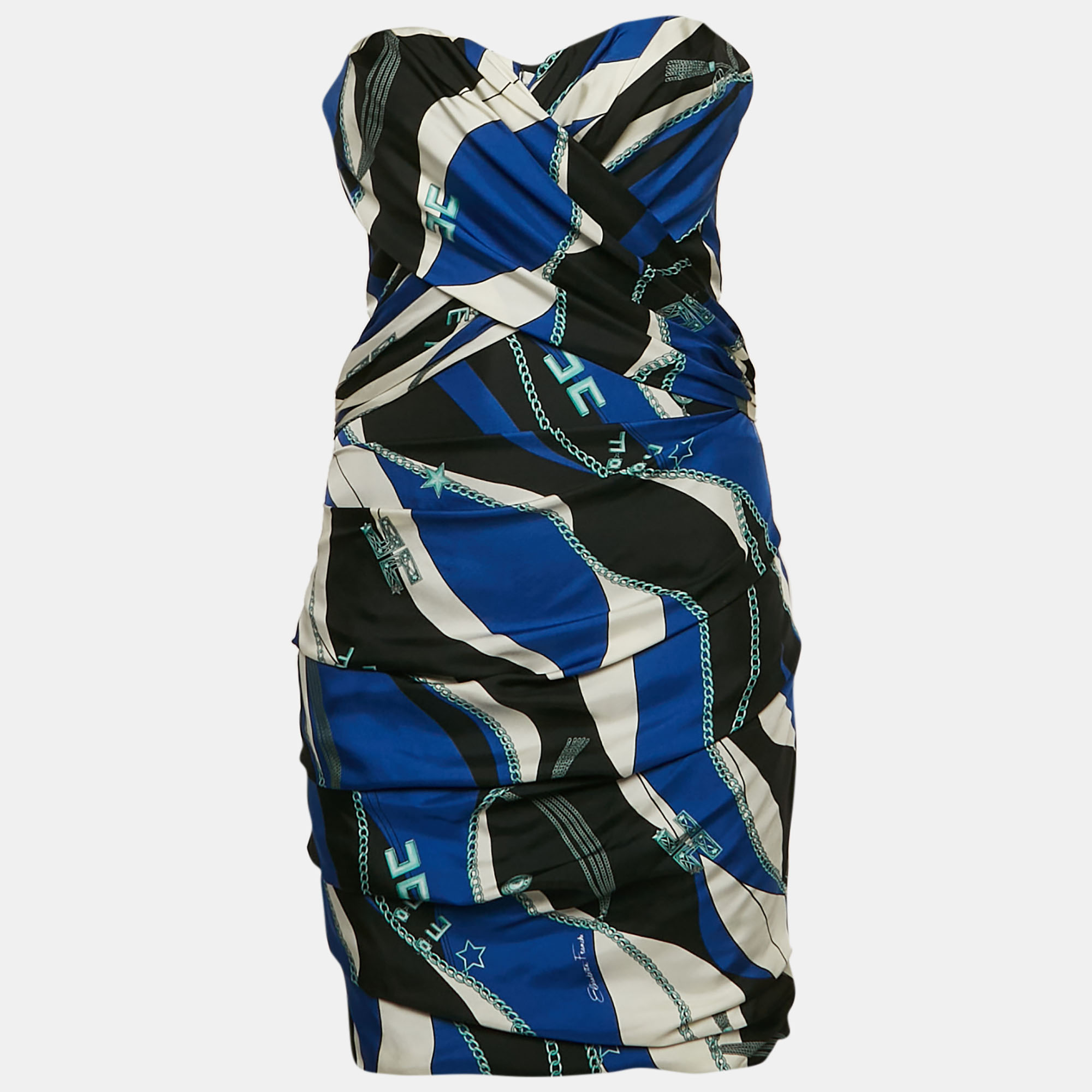 

Elisabetta Franchi Blue Printed Silk and Crepe Strapless Mini Dress S