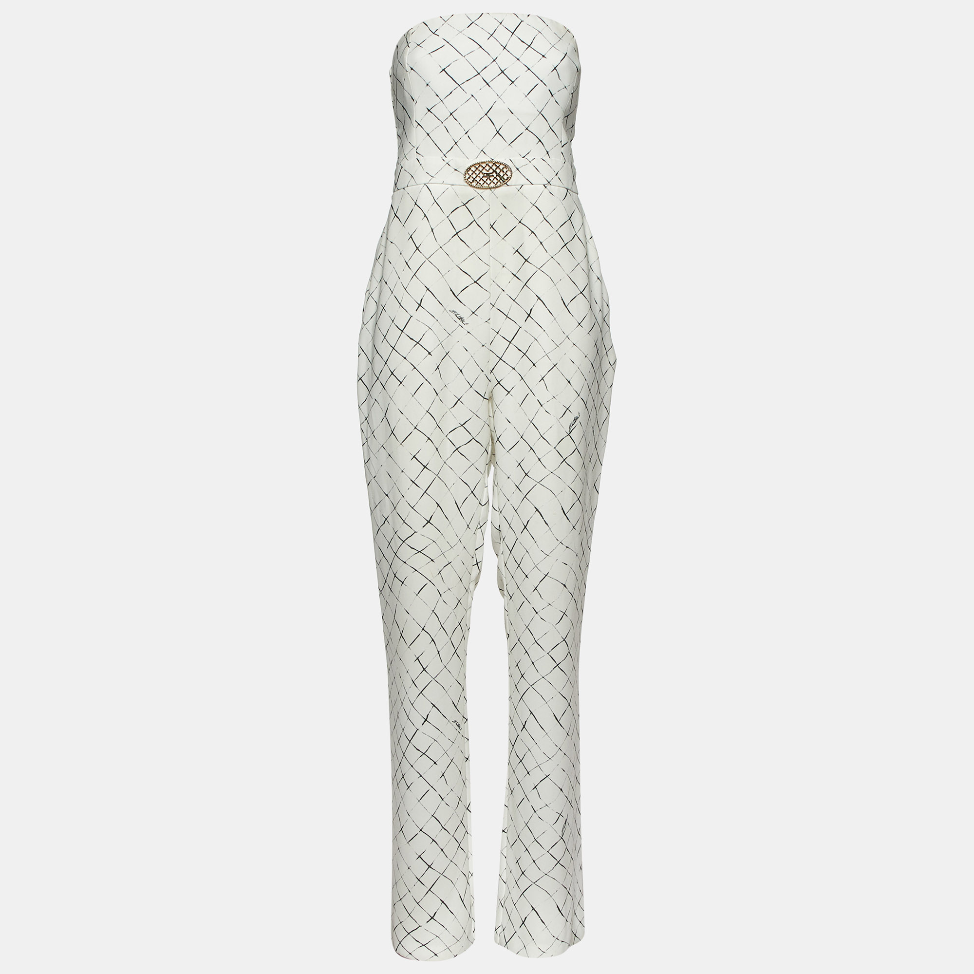 

Elisabetta Franchi White Printed Crepe Strapless Jumpsuit XL