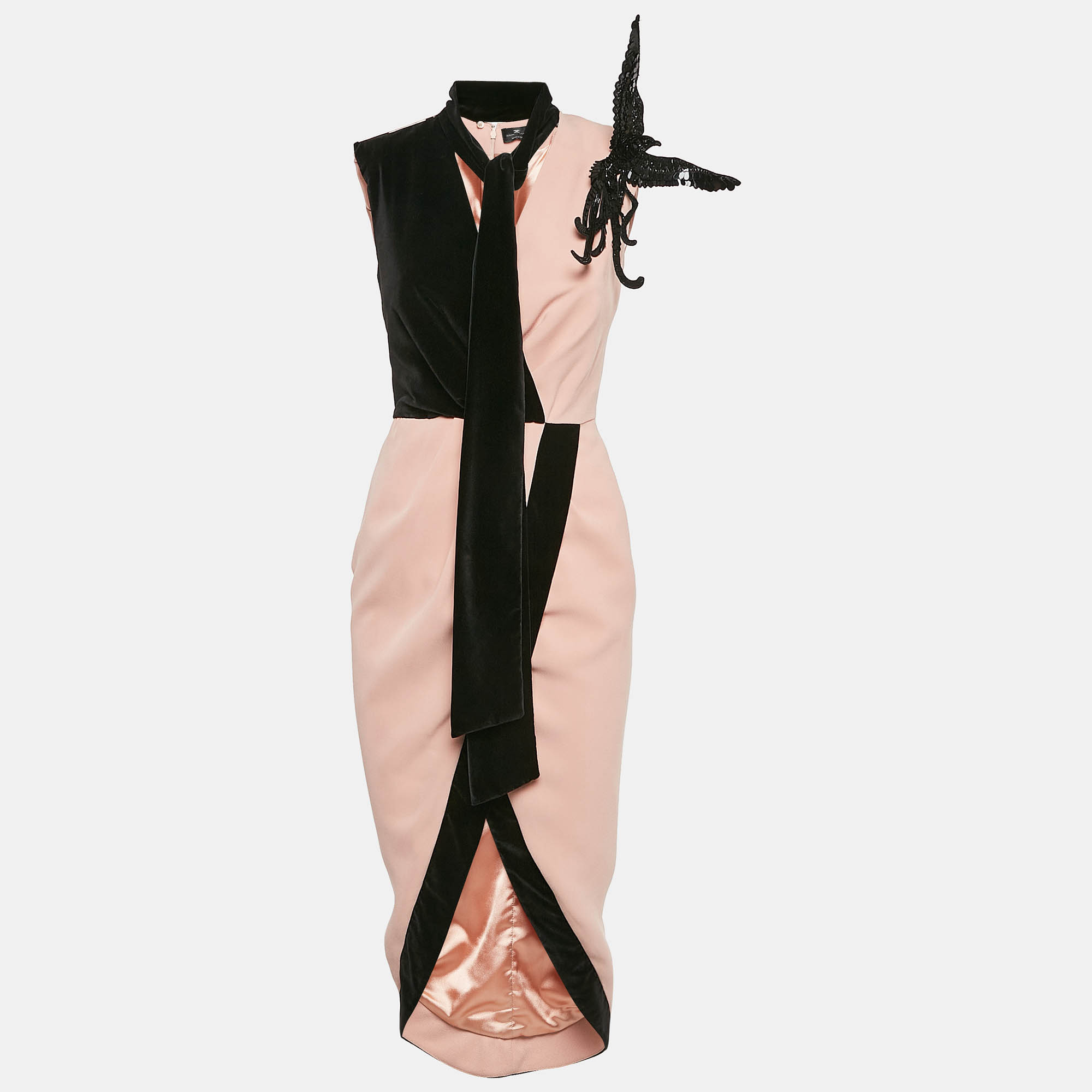 

Elisabetta Franchi Pink/Black Sequin Bird Applique Crepe and Velvet Draped Midi Dress S