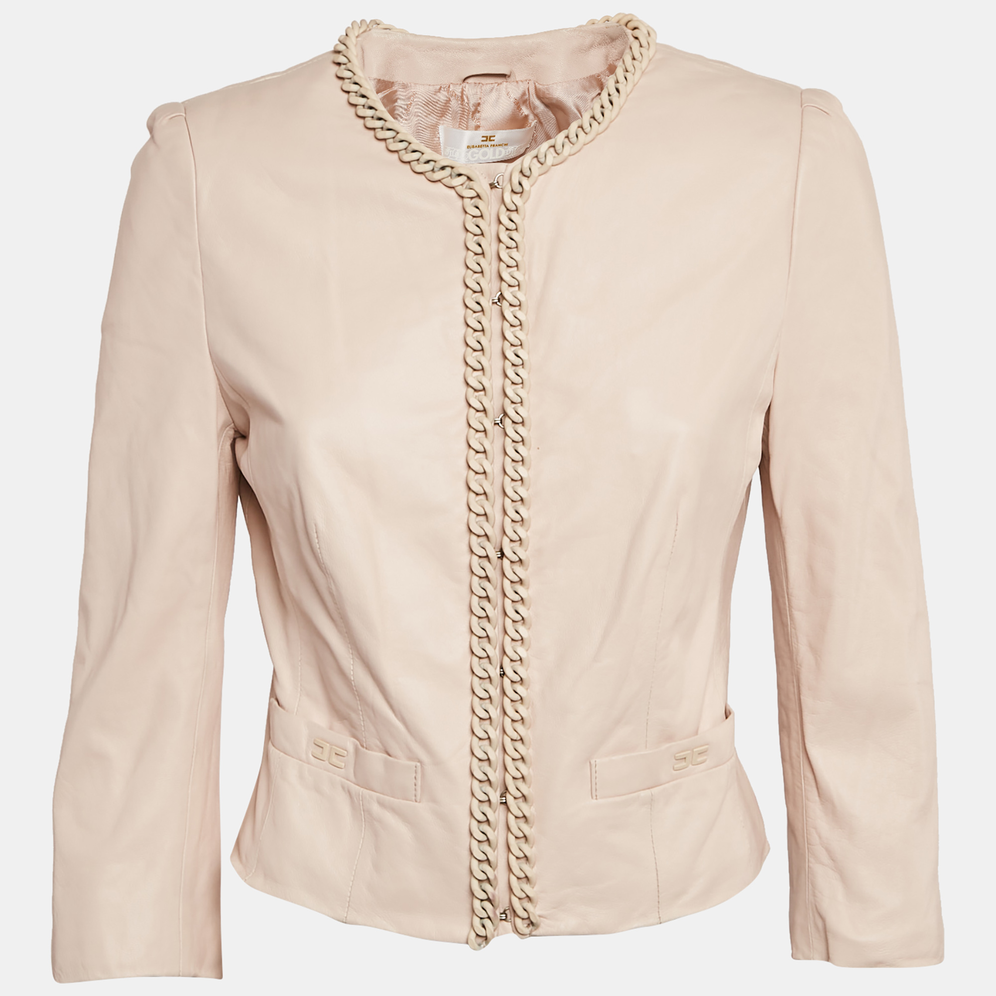 

Elisabetta Franchi Pink Chain Embellished Leather Jacket L