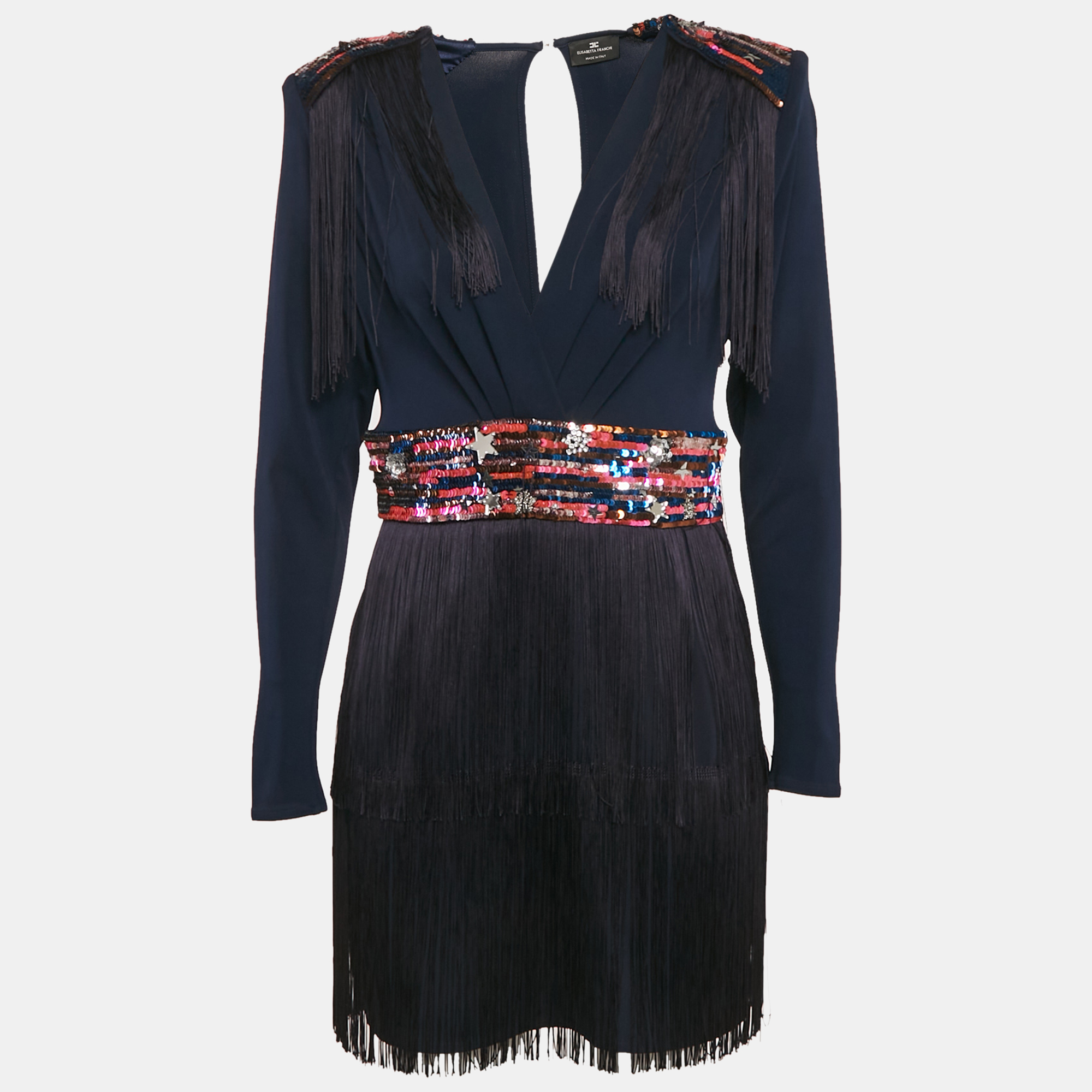 

Elisabetta Franchi Navy Blue Sequin Embellishment Jersey Fringed Mini Dress M