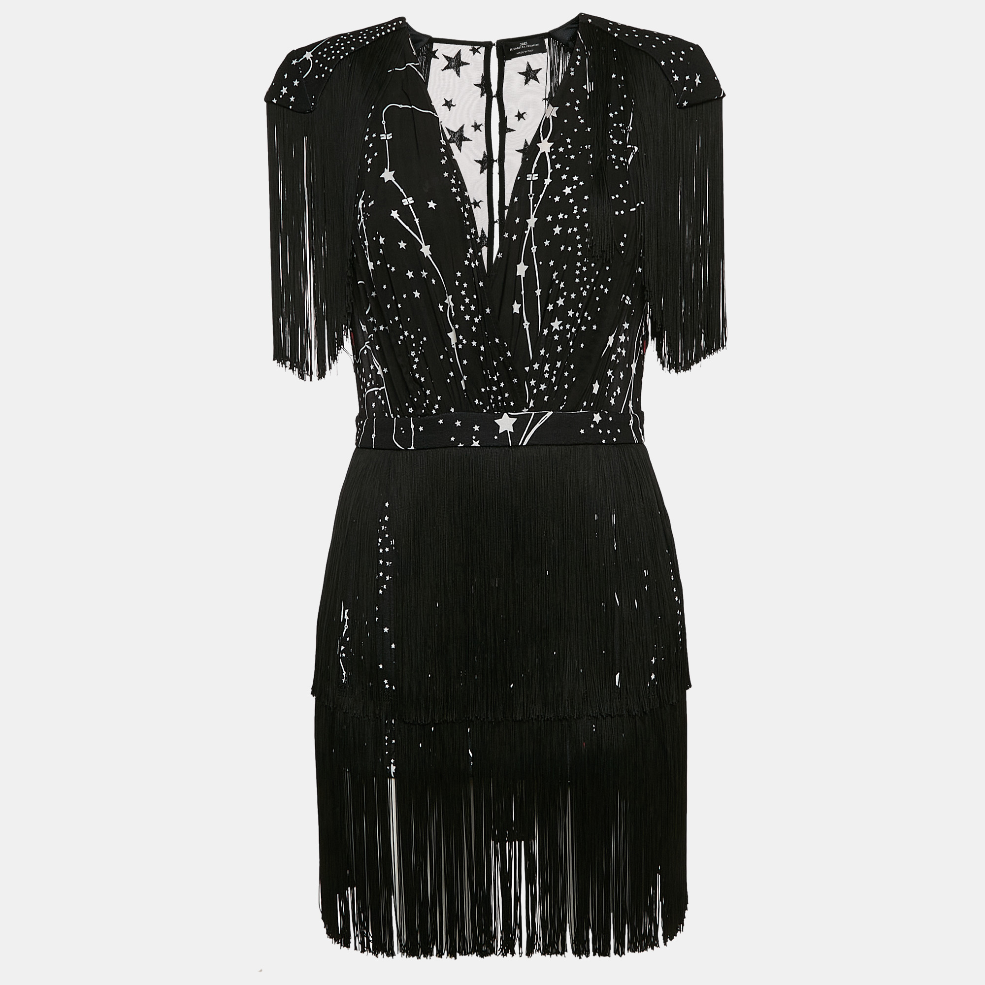 

Elisabetta Franchi Black Star Print Crepe Fringed Mini Dress M