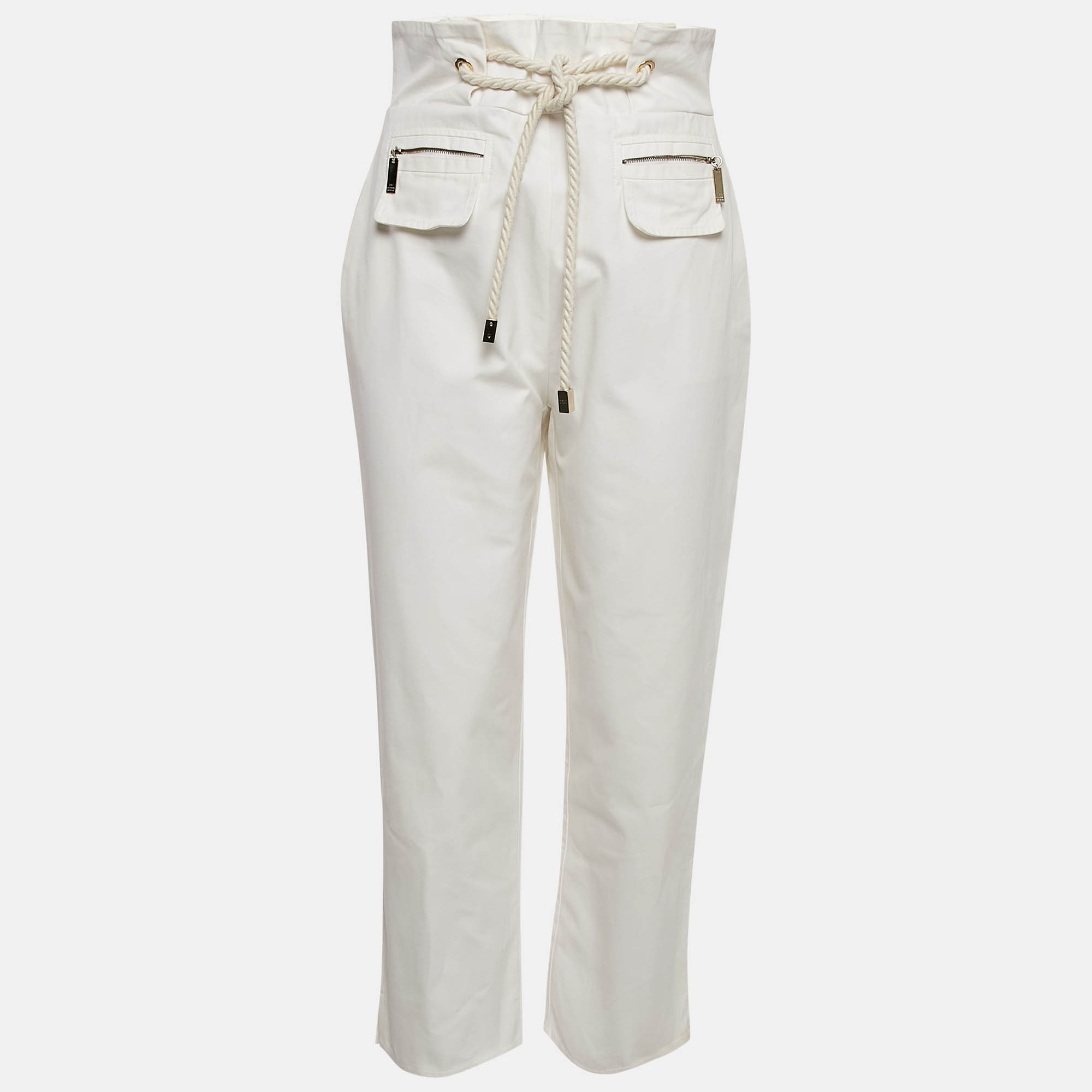 

Elisabetta Franchi White Cotton Gabardine Rope Detail Trousers M