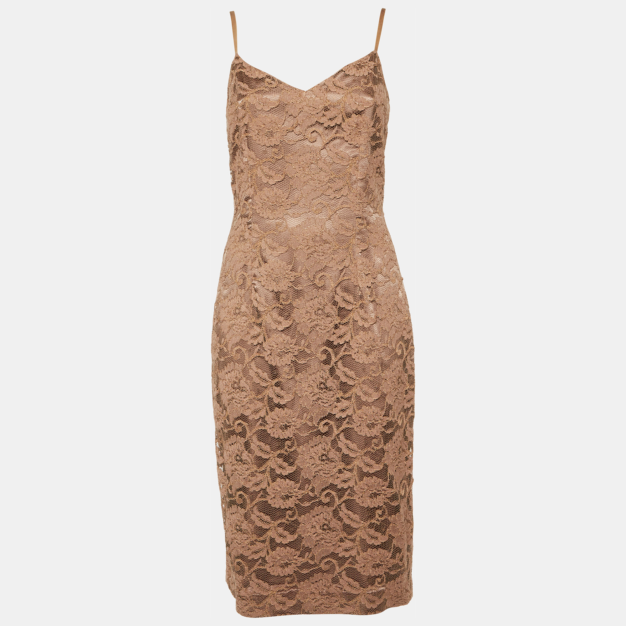 

Elisabetta Franchi Taupe Lace Sleeveless Fitted Dress XL, Pink