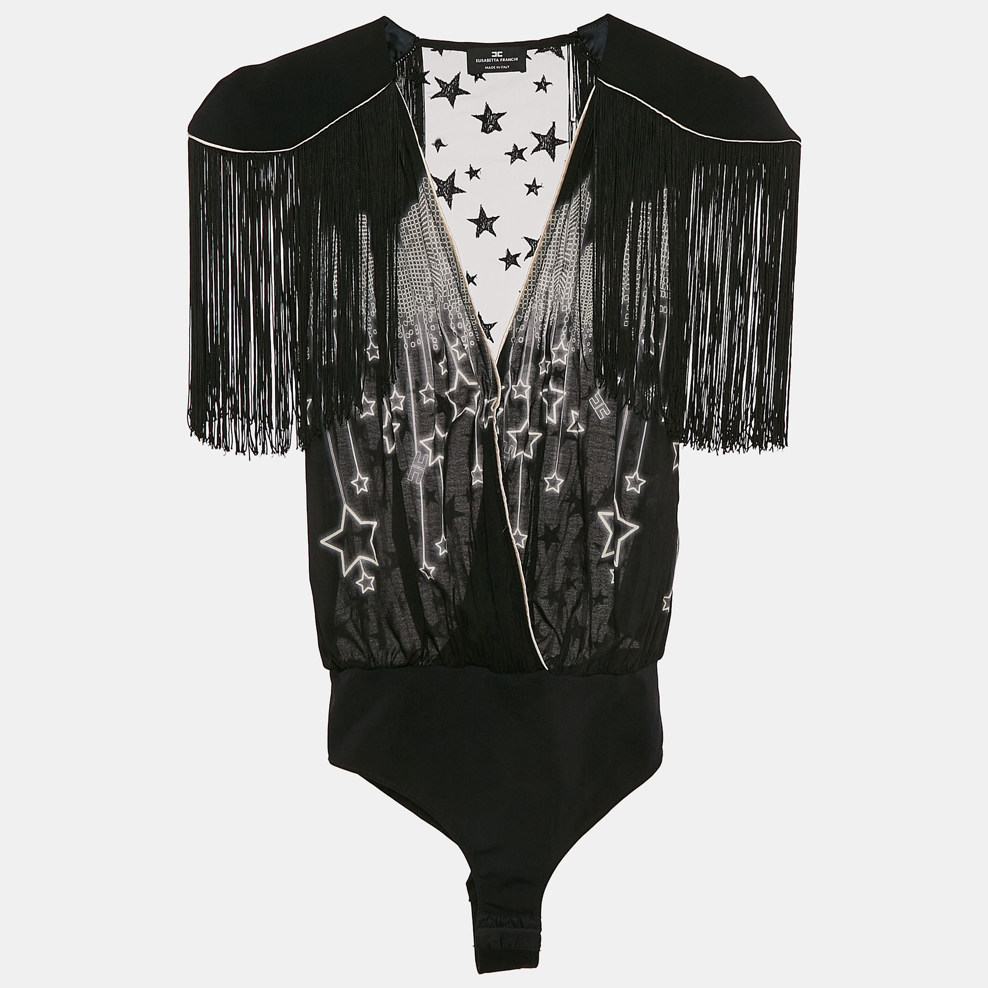 

Elisabetta Franchi Black Star Print Crepe and Tulle Fringed Bodysuit S