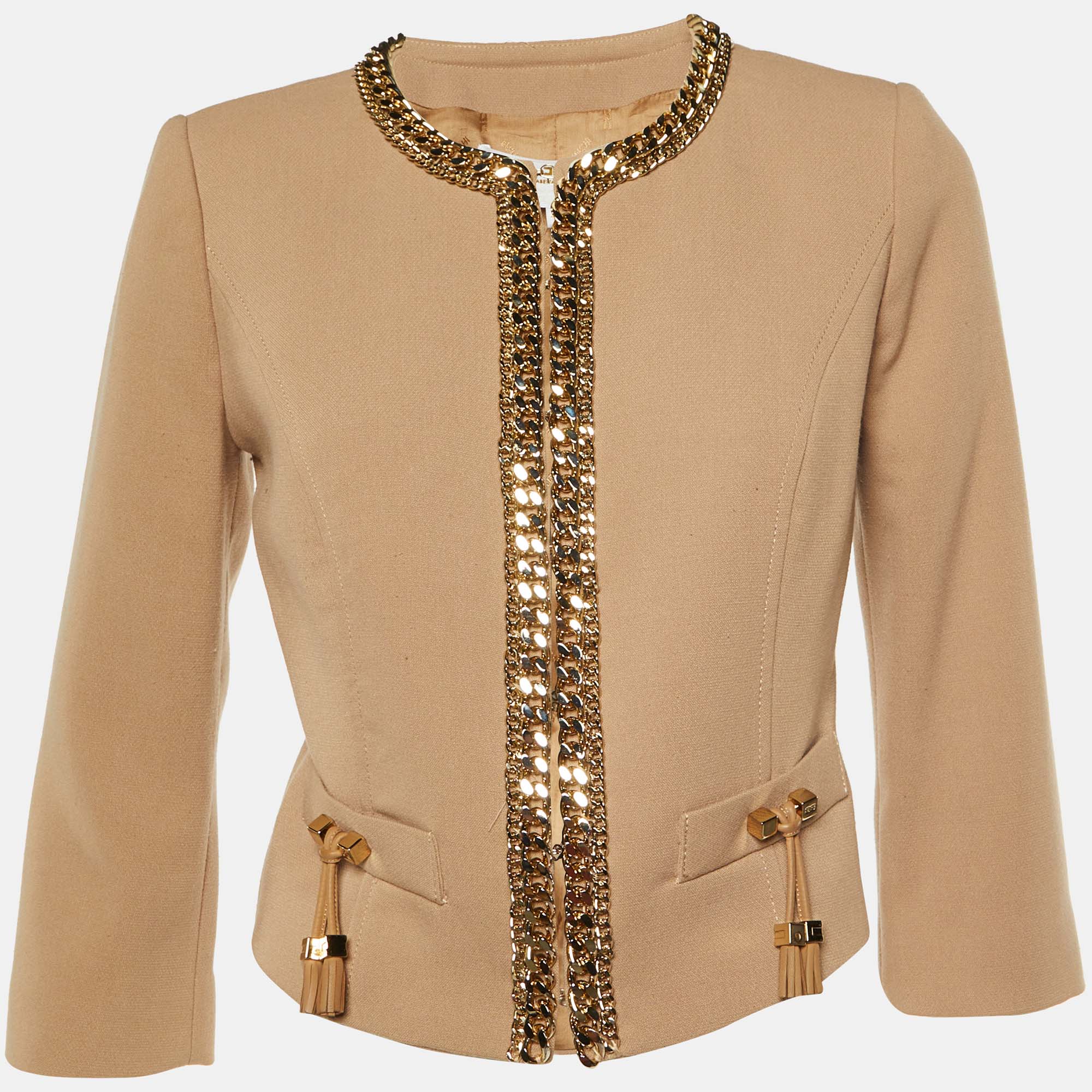 

Elisabetta Franchi Gold Beige Cady Chain Trim Jacket L