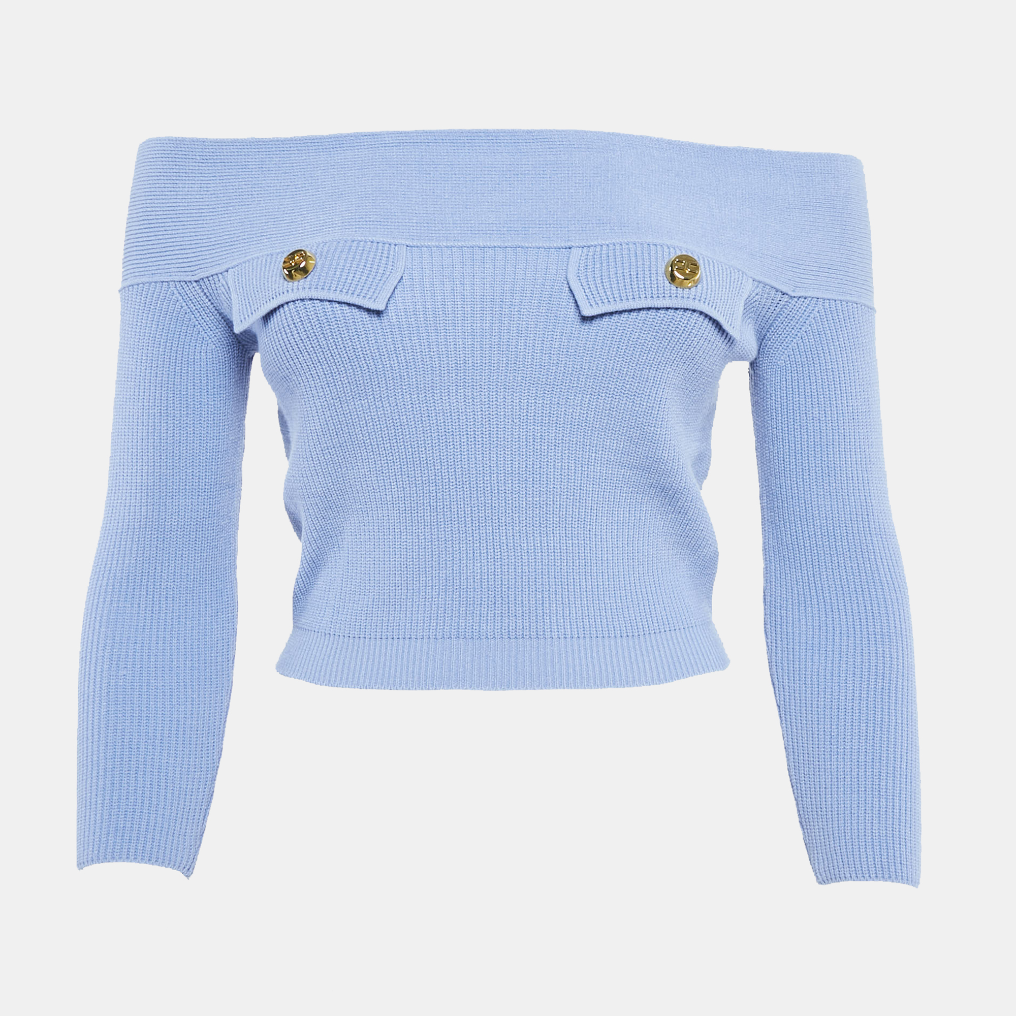 

Elisabetta Franchi Blue Knit Off-Shoulder Crop Sweater Top S