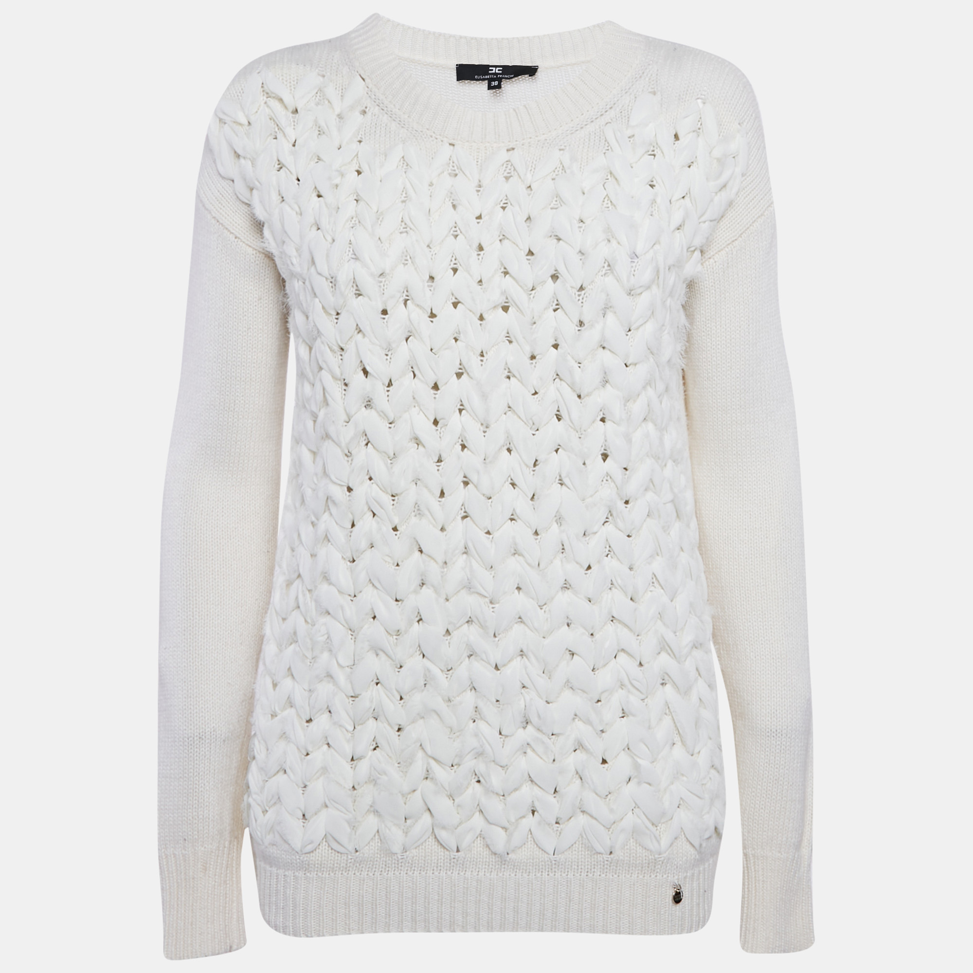 

Elisabetta Franchi Off White Braid Detail Wool Blend Sweater S