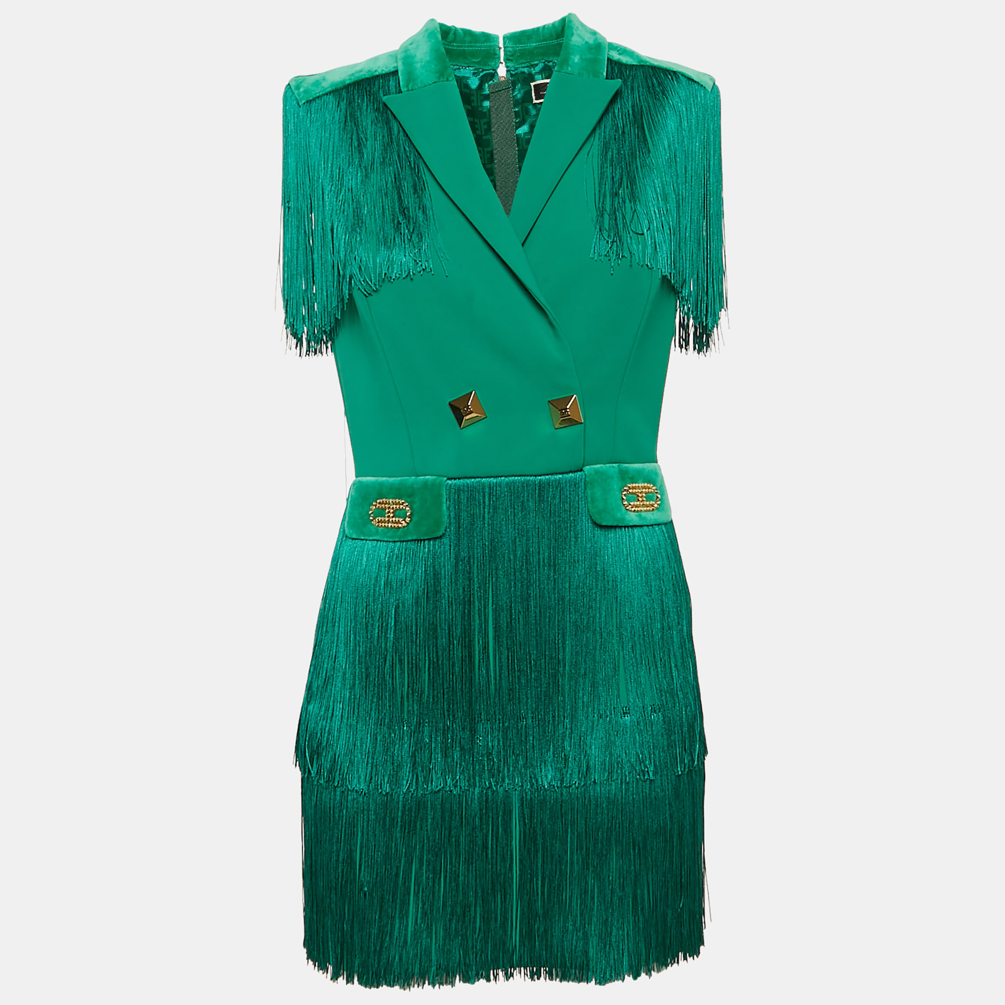 

Elisabetta Franchi Green Crepe Fringed Mini Dress S