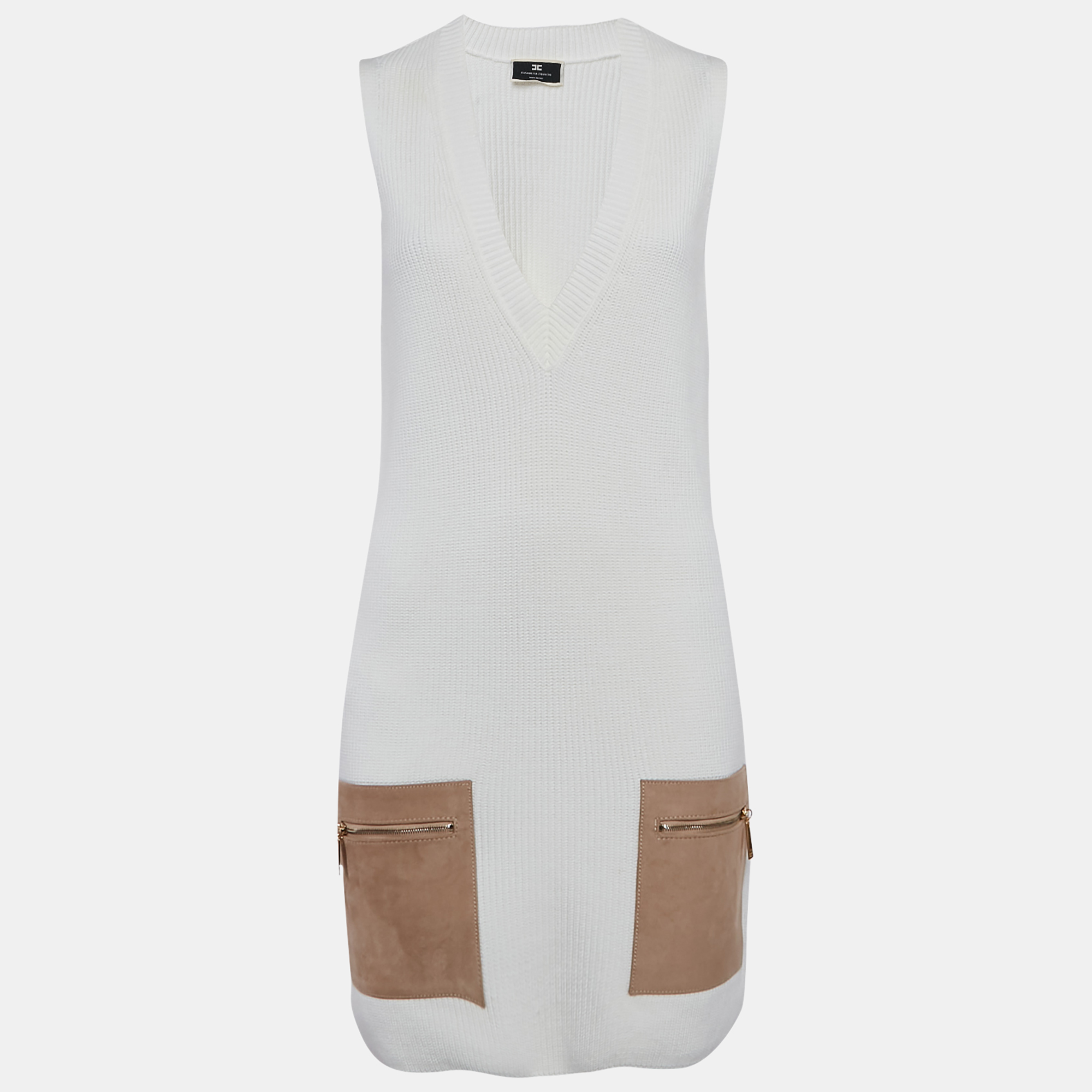 

Elisabetta Franchi White Rib Knit V-Neck Sleeveless Mini Dress S