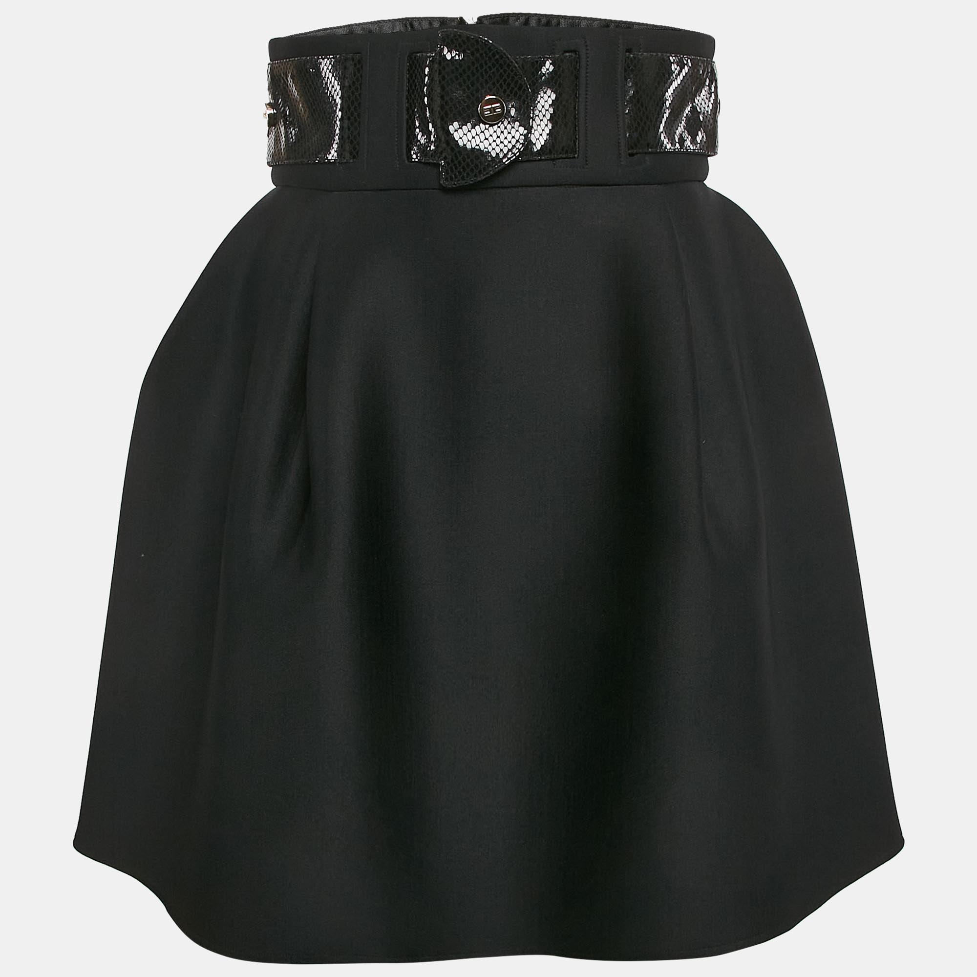 

Elisabetta Franchi Black Faux Leather Belted Neoprene Flared Mini Skirt M