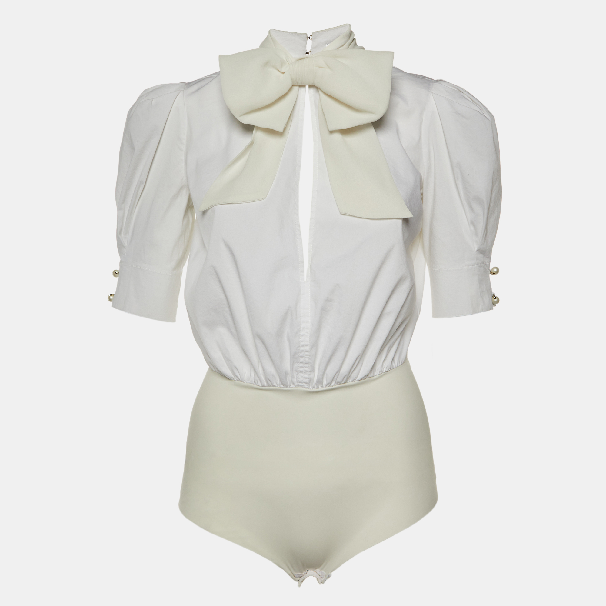 

Elisabetta Franchi White Cotton Bow Detail Bodysuit M