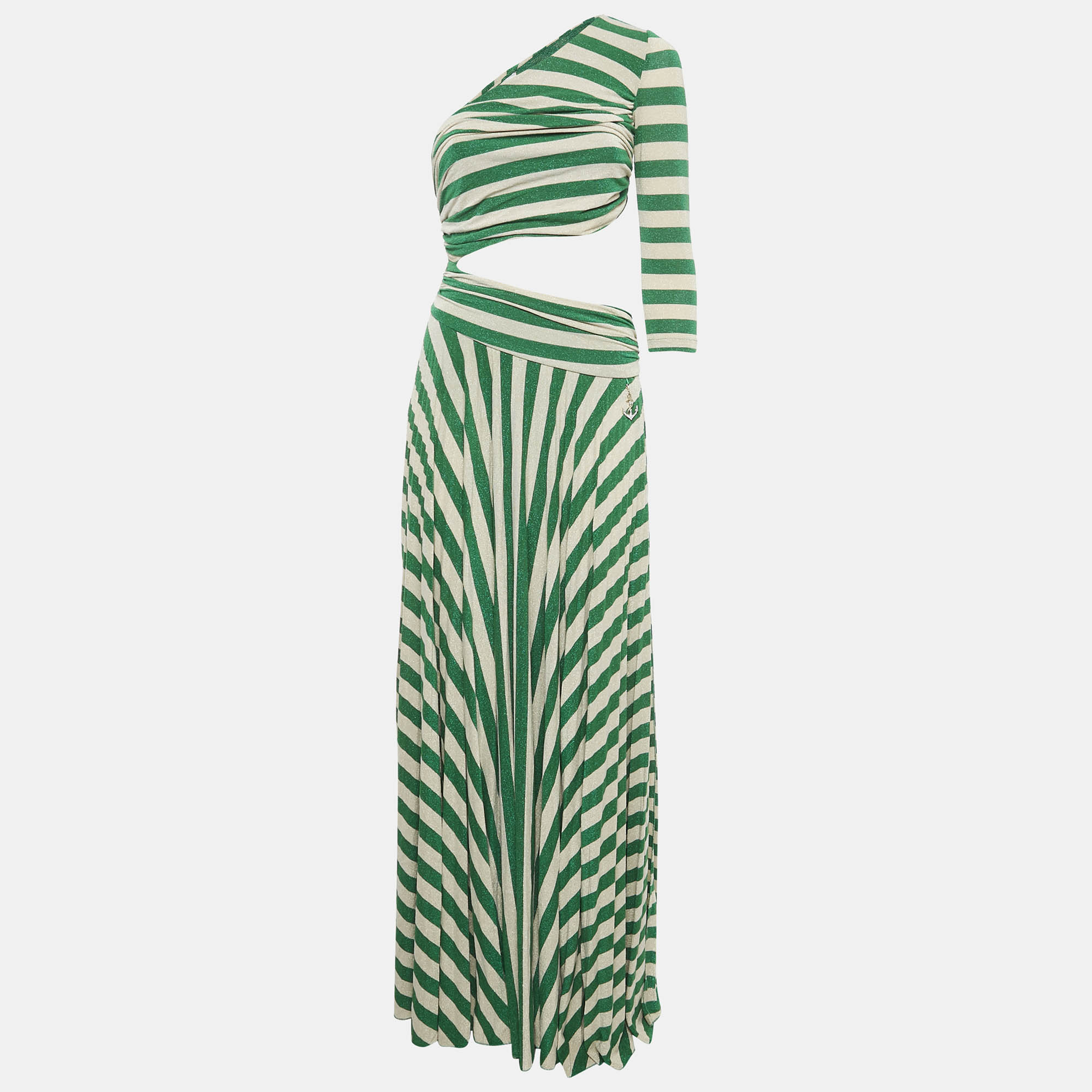 

Elisabetta Franchi Green/Cream Striped Lurex Knit Cut-Out Detail Gown M