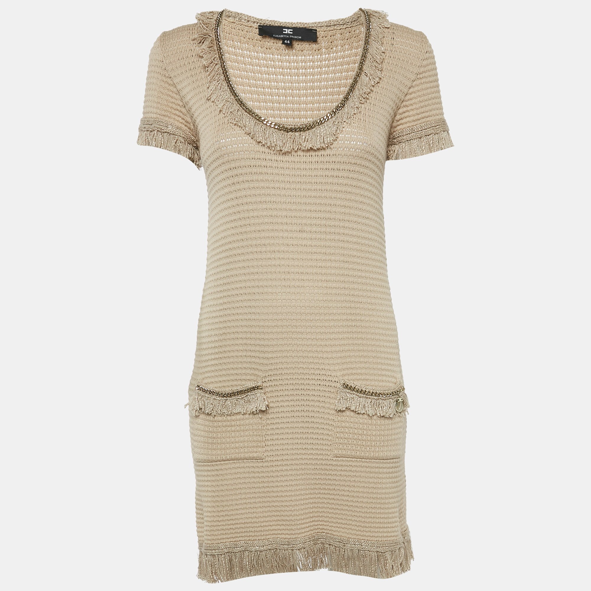 

Elisabetta Franchi Beige Cotton Blend Knit Fringed Mini Dress M