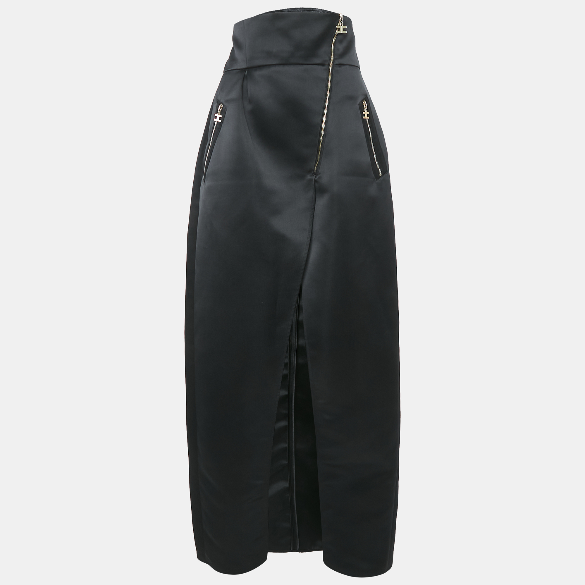 

Elisabetta Franchi Black Satin Zip Detail Maxi Skirt M