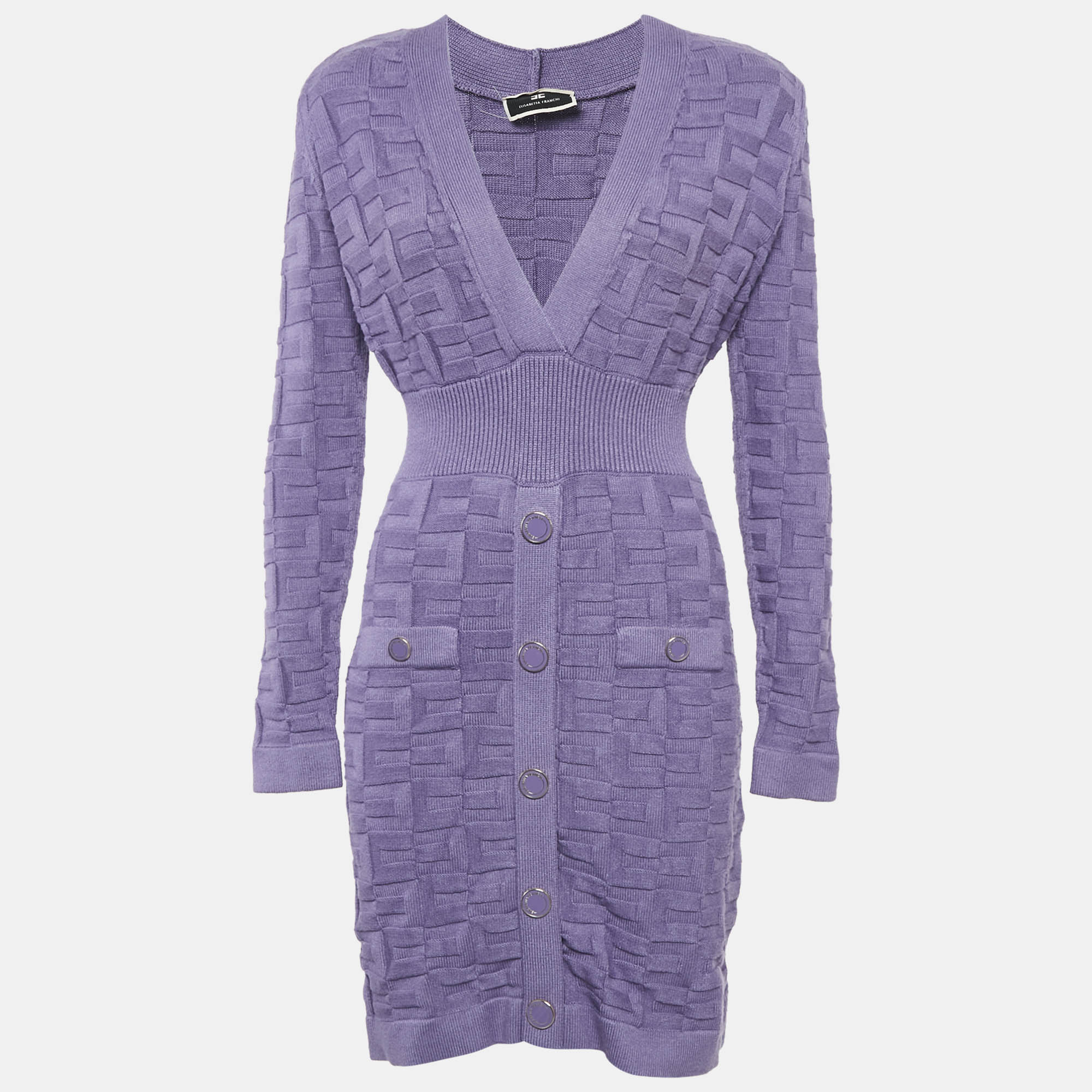 

Elisabetta Franchi Purple Knit Patterned V-Neck Mini Dress M