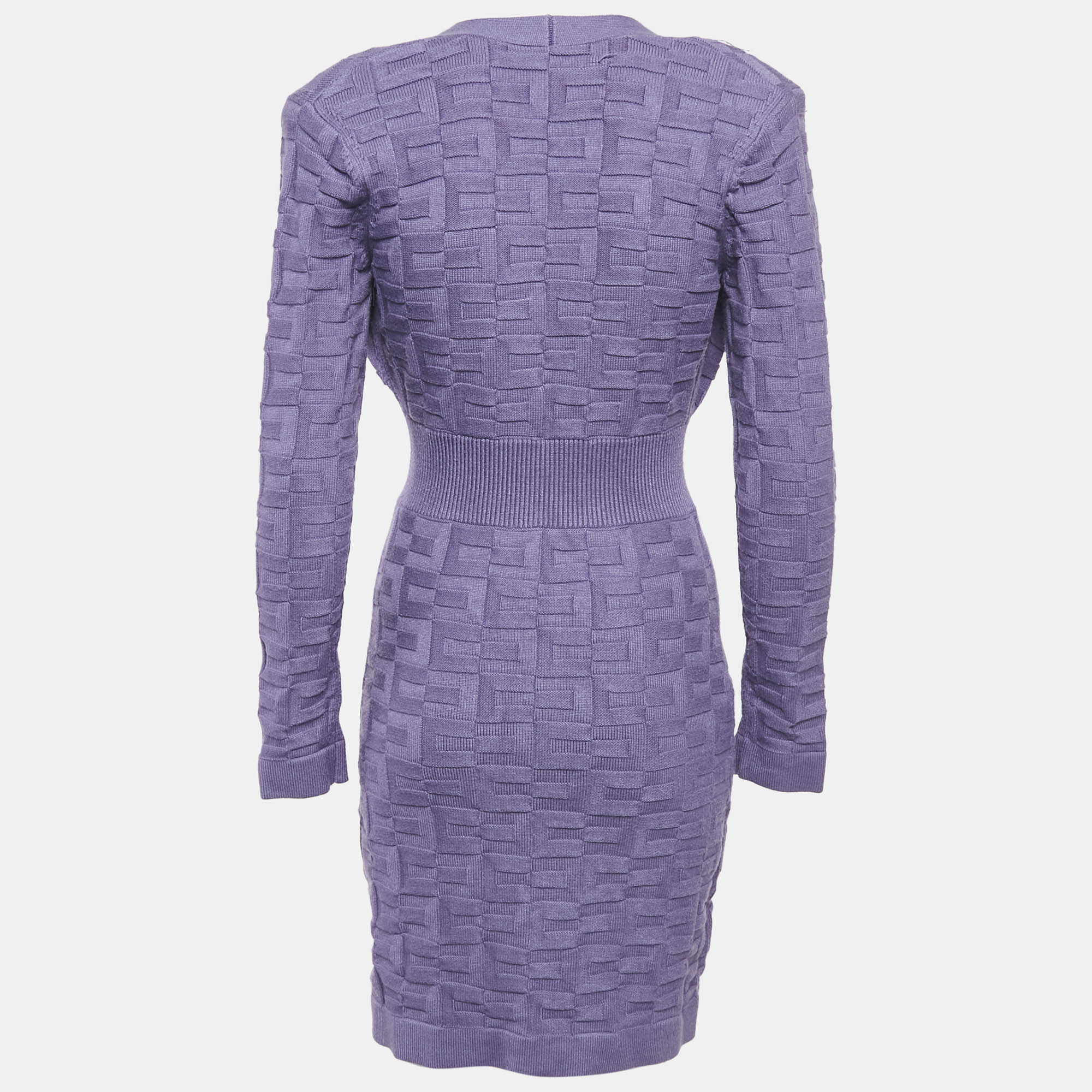 Elisabetta Franchi Purple Knit Patterned V-Neck Mini Dress M 
