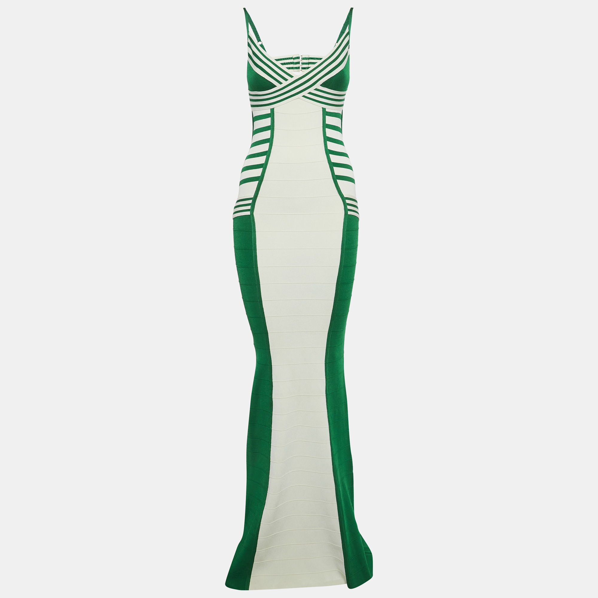 

Elisabetta Franchi Green/White Bandage Knit Long Bodycon Dress S