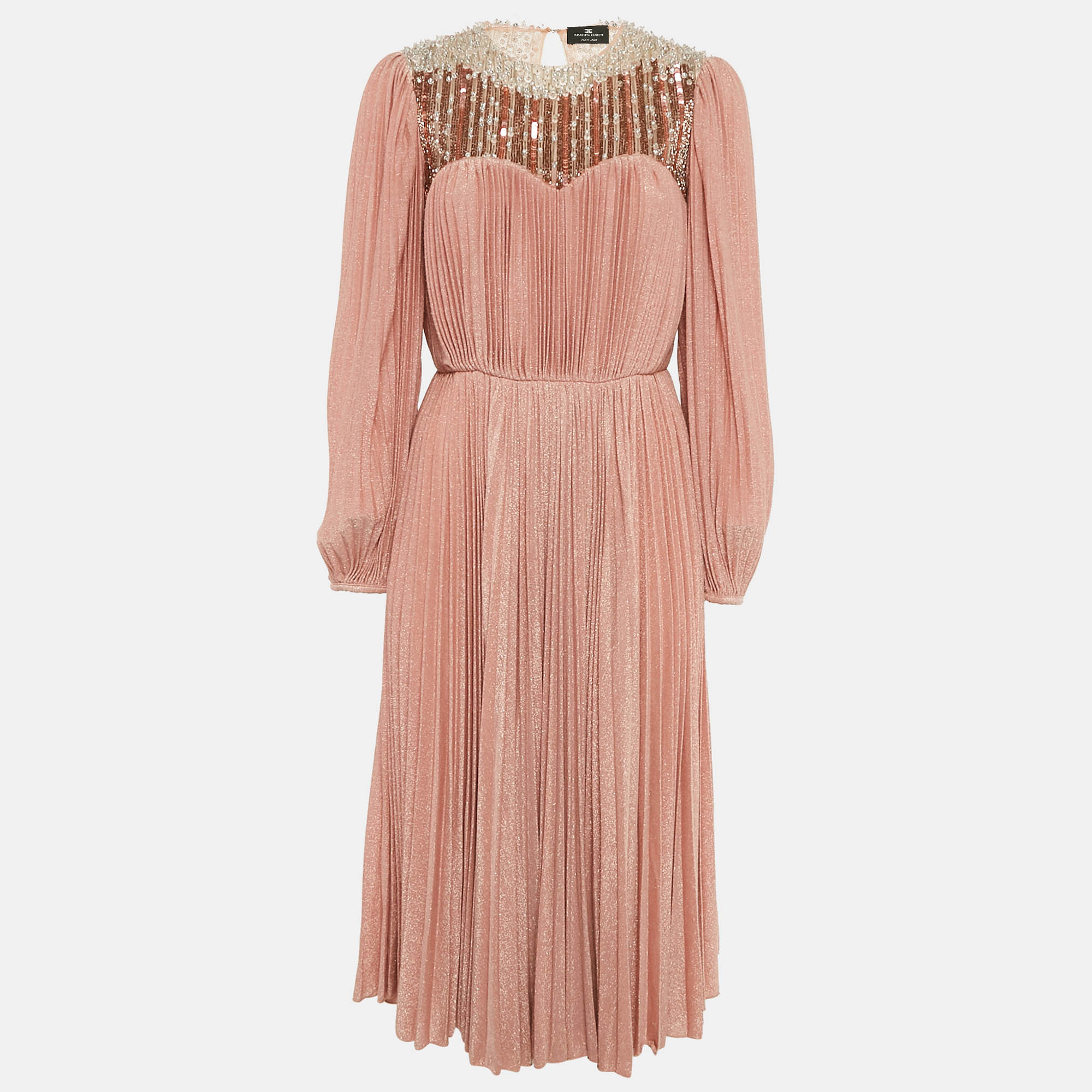 

Elisabetta Franchi Pink Embellished Lurex Knit Plisse Midi Dress M