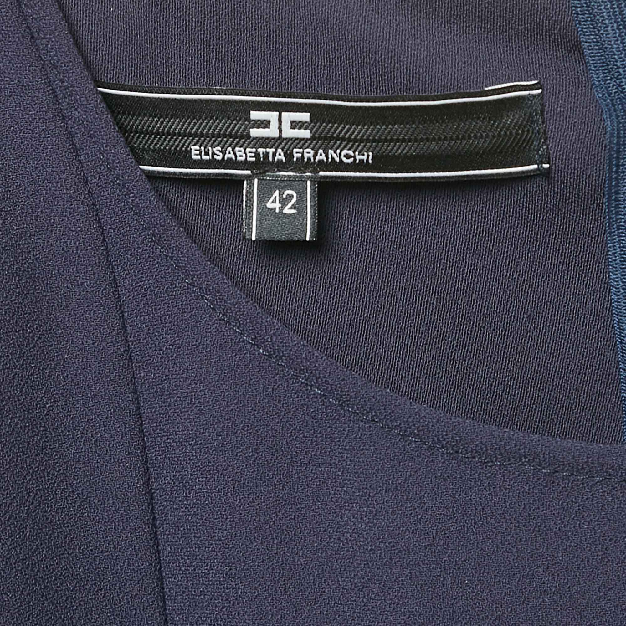 Elisabetta Franchi Navy Blue Crepe Round Neck Mini Dress M 