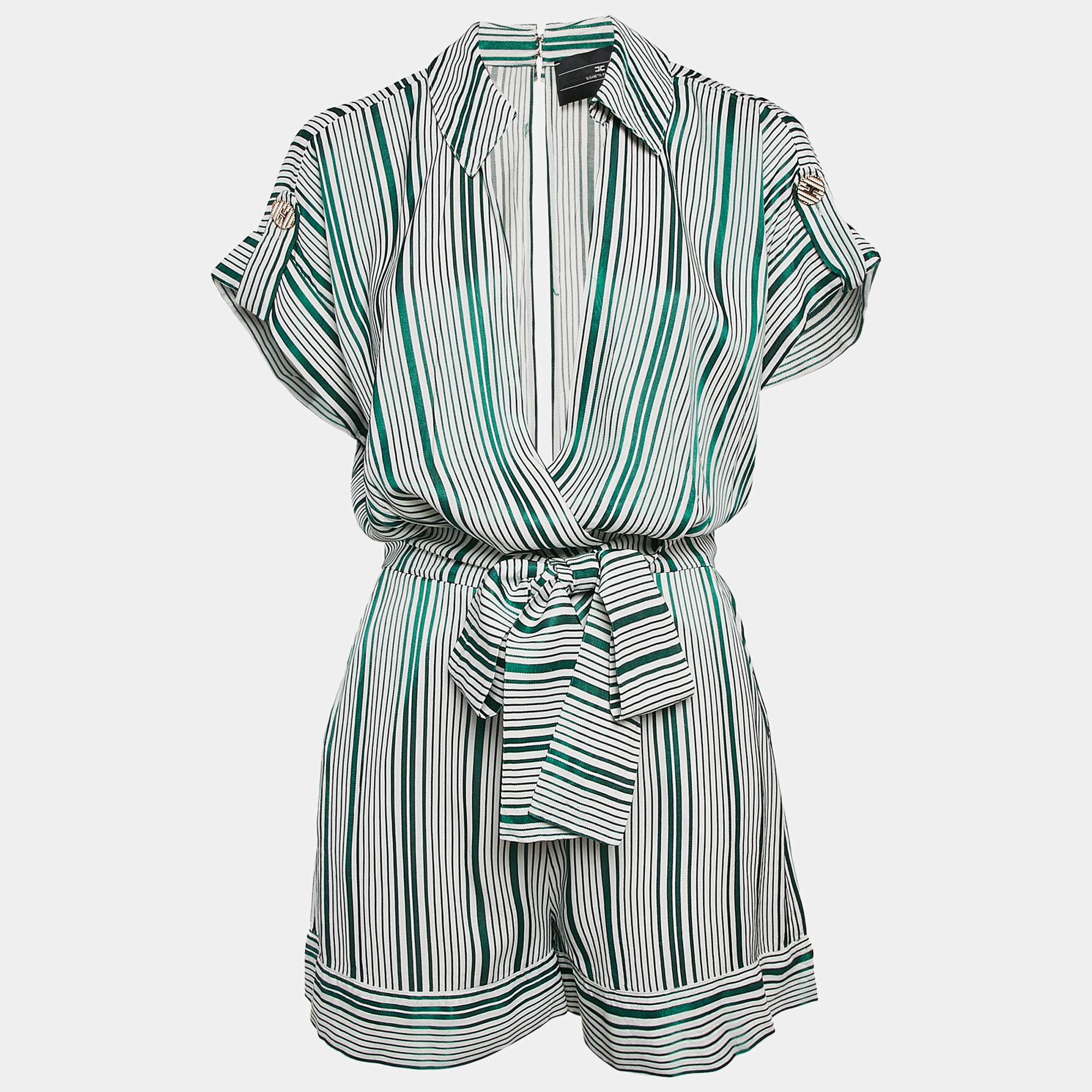 

Elisabetta Franchi Green Stripe Crepe Belted Playsuit S