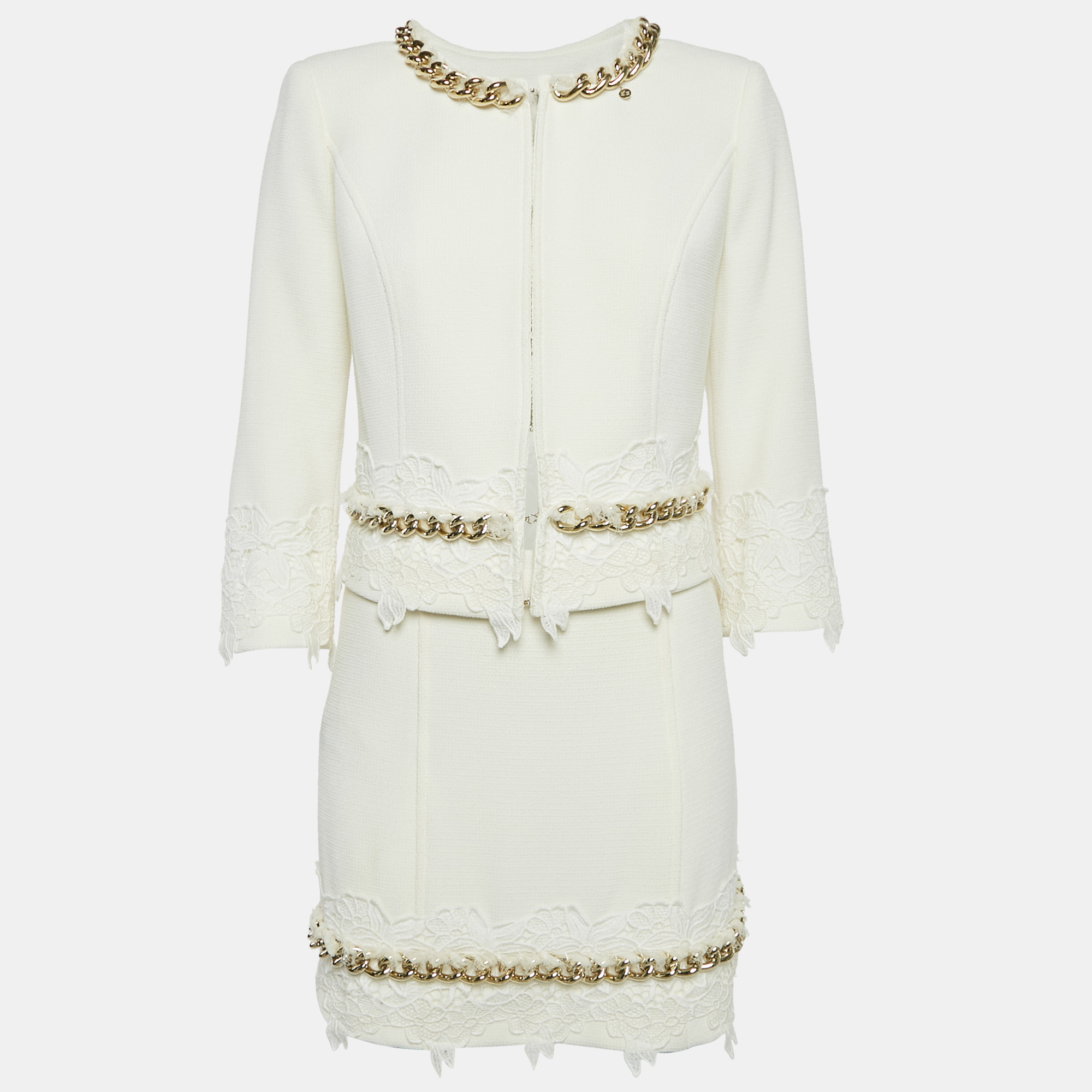 

Elisabetta Franchi White Chain Detail Tweed Jacket and Skirt Set M