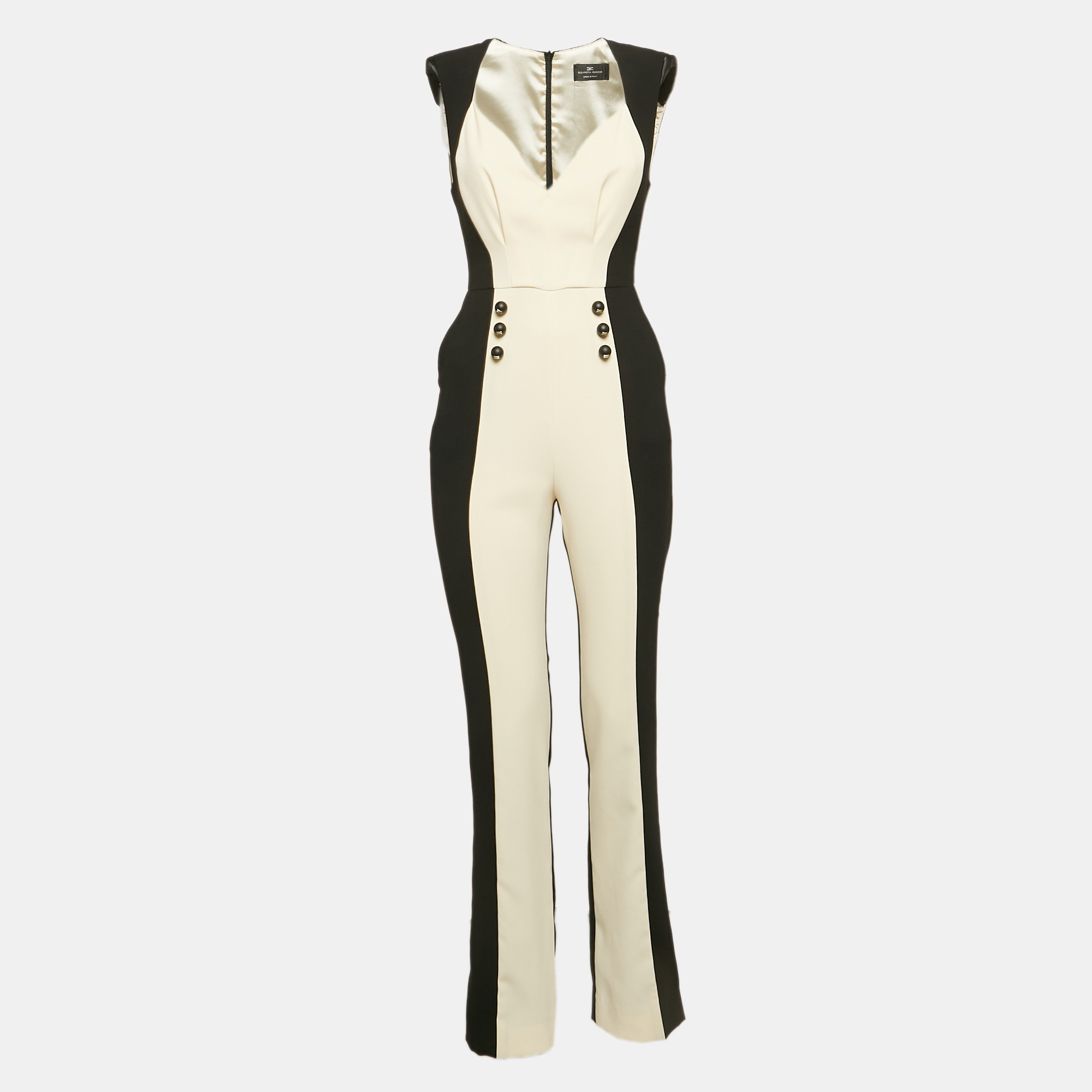 

Elisabetta Franchi Black/Cream Crepe Button Embellished Jumpsuit S