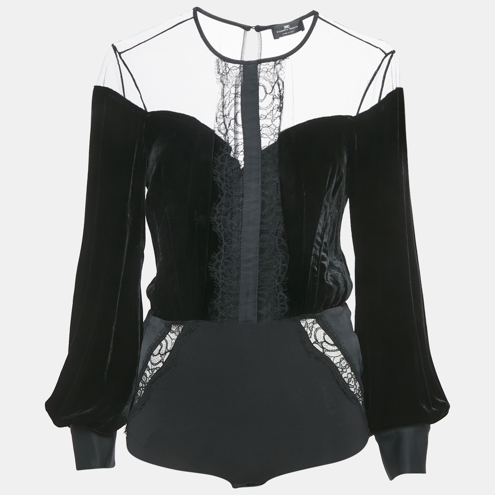 

Elisabetta Franchi Black Velvet Lace Trimmed Bodysuit Top M
