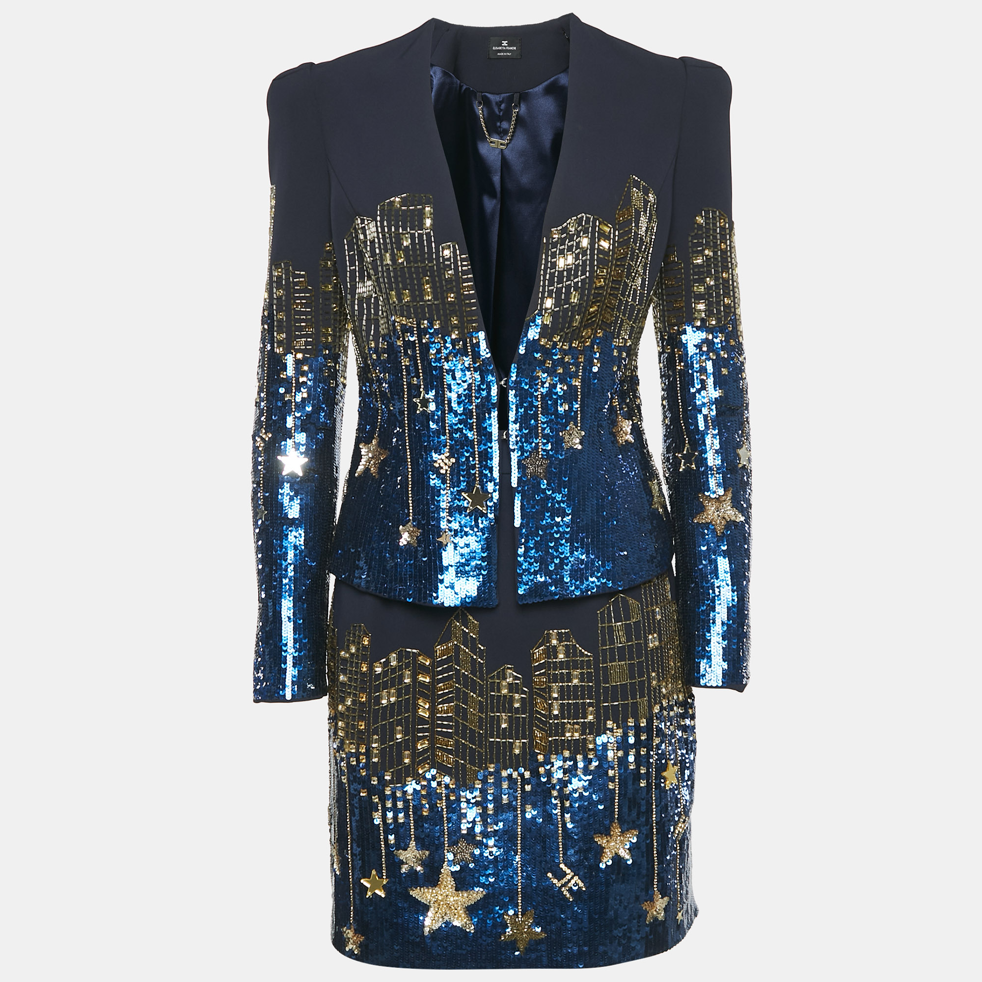 

Elisabetta Franchi Navy Blue Embellished Blazer & Mini Skirt Set M
