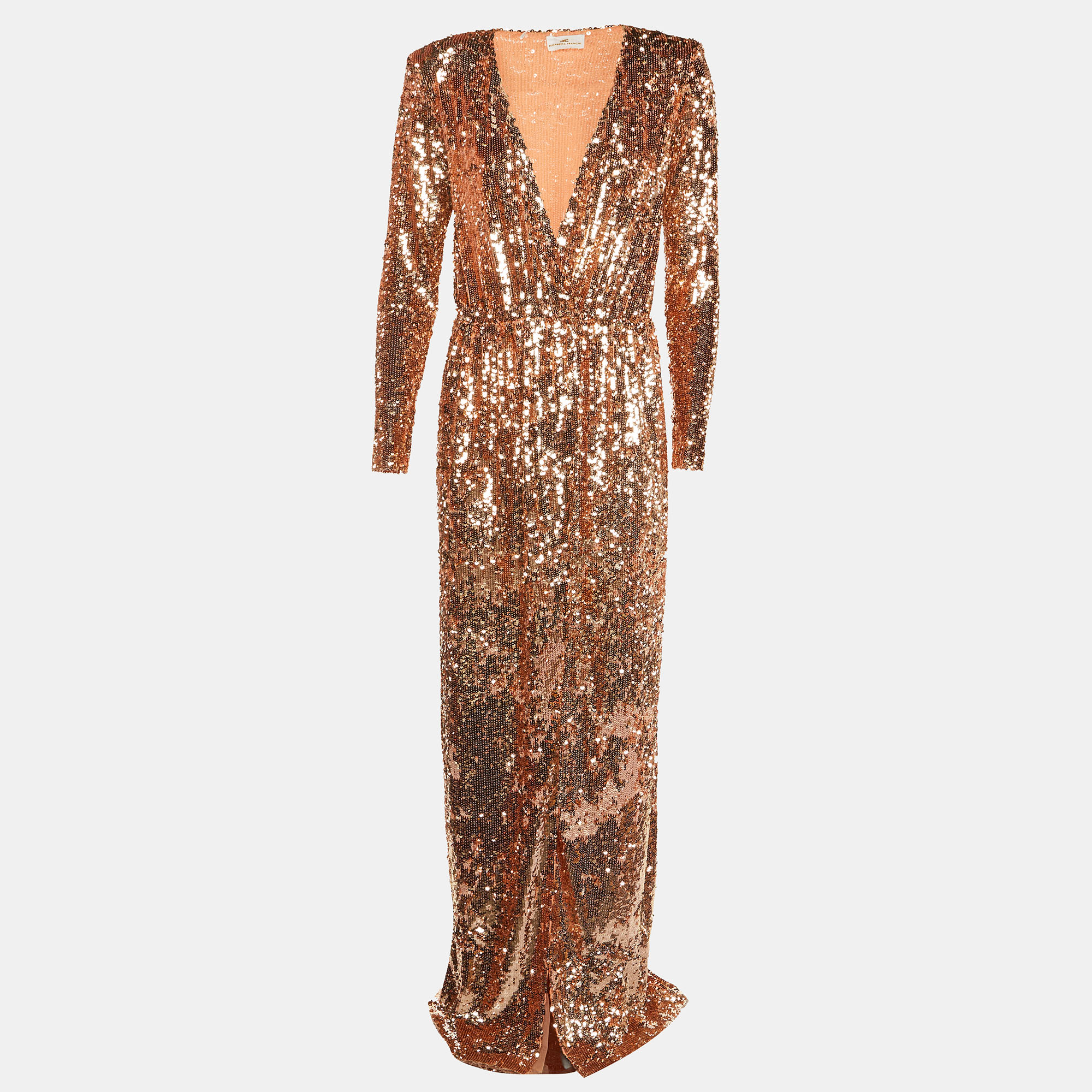 

Elisabetta Franchi Rose Gold Sequin Embellished Wrap Maxi Dress M