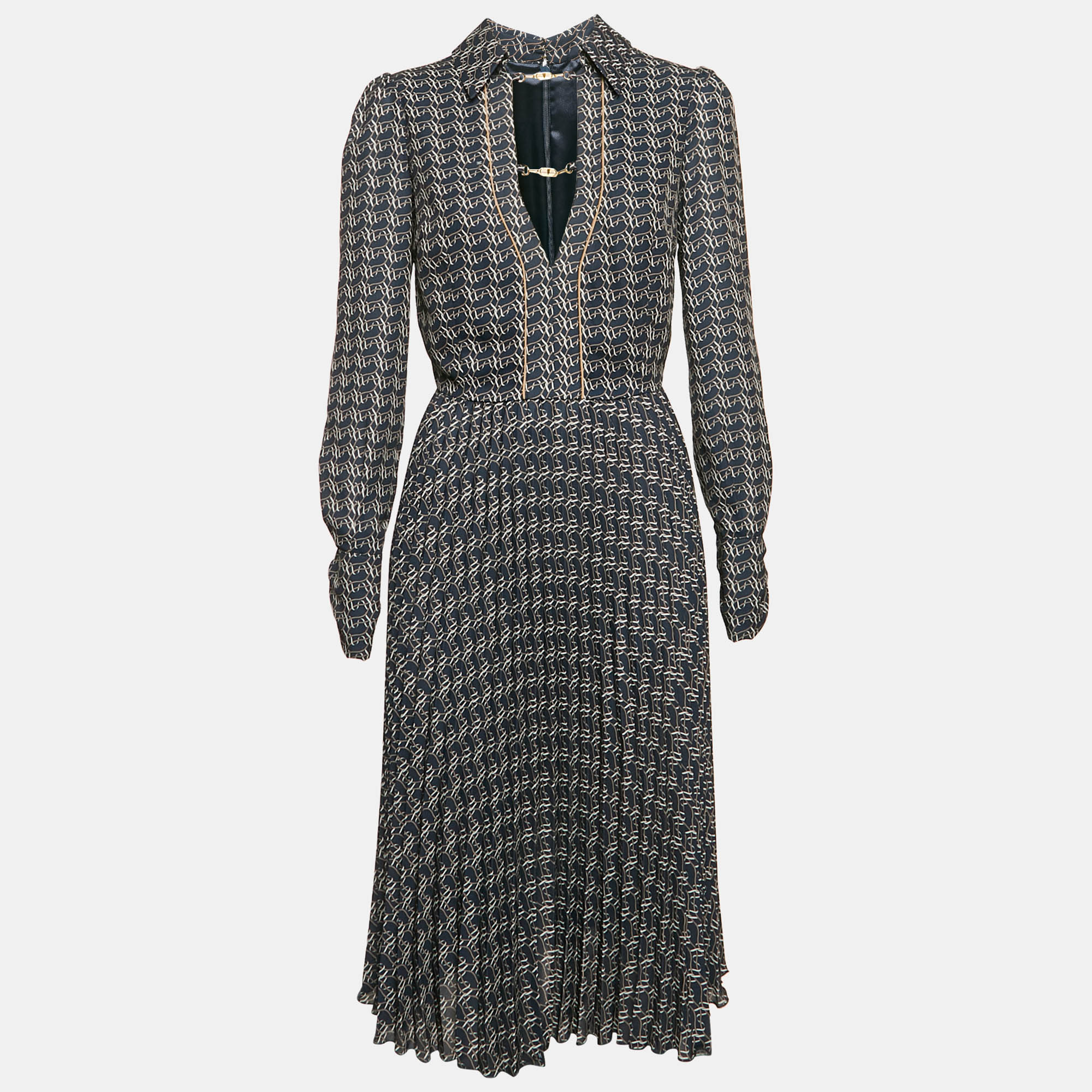 

Elisabetta Franchi Navy Blue Printed Crepe Plisse Midi Dress M