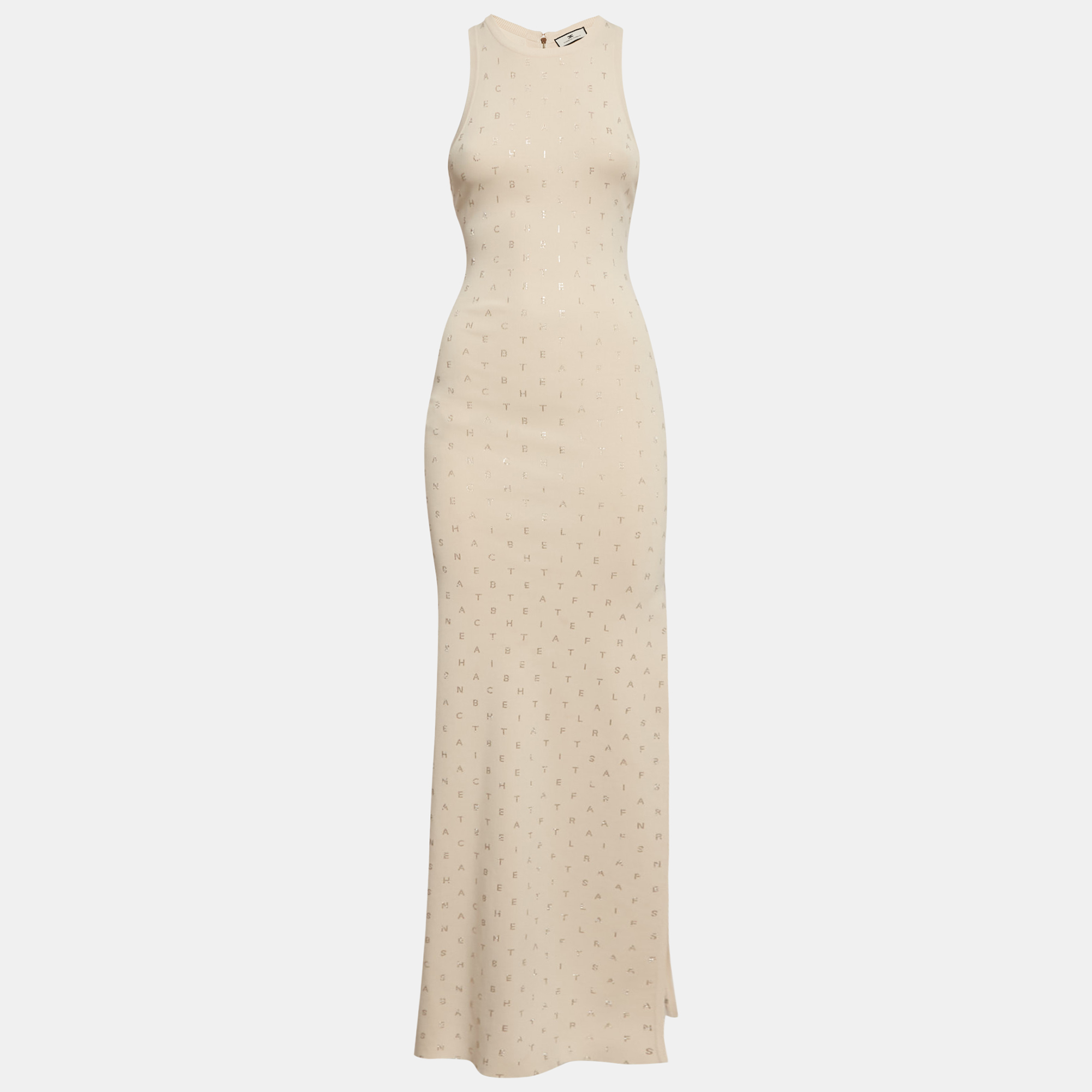 

Elisabetta Franchi Cream Logo Embellished Knit Sleeveless Long Dress S
