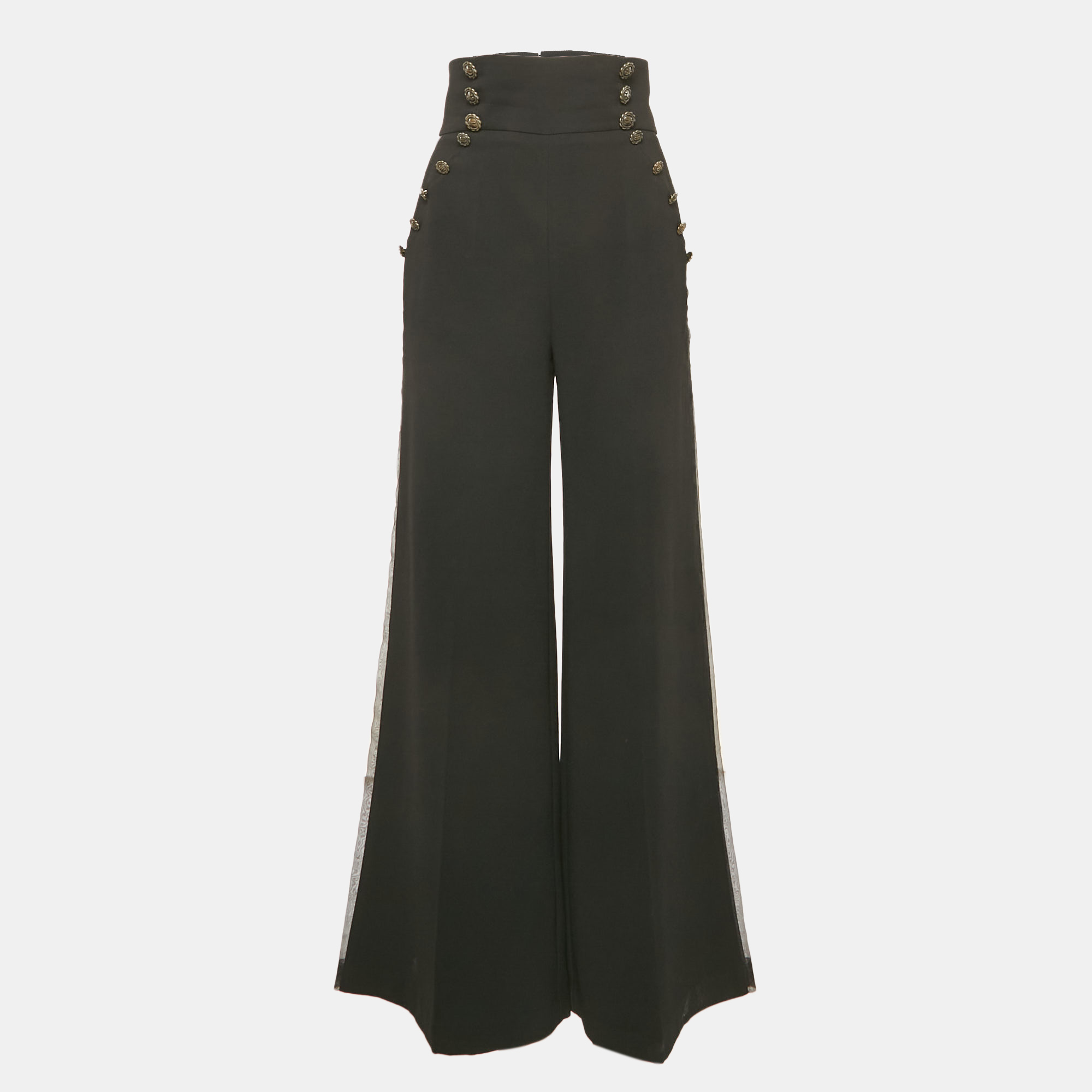 

Elisabetta Franchi Black Organza Trim Crepe Flared High Rise Pants M