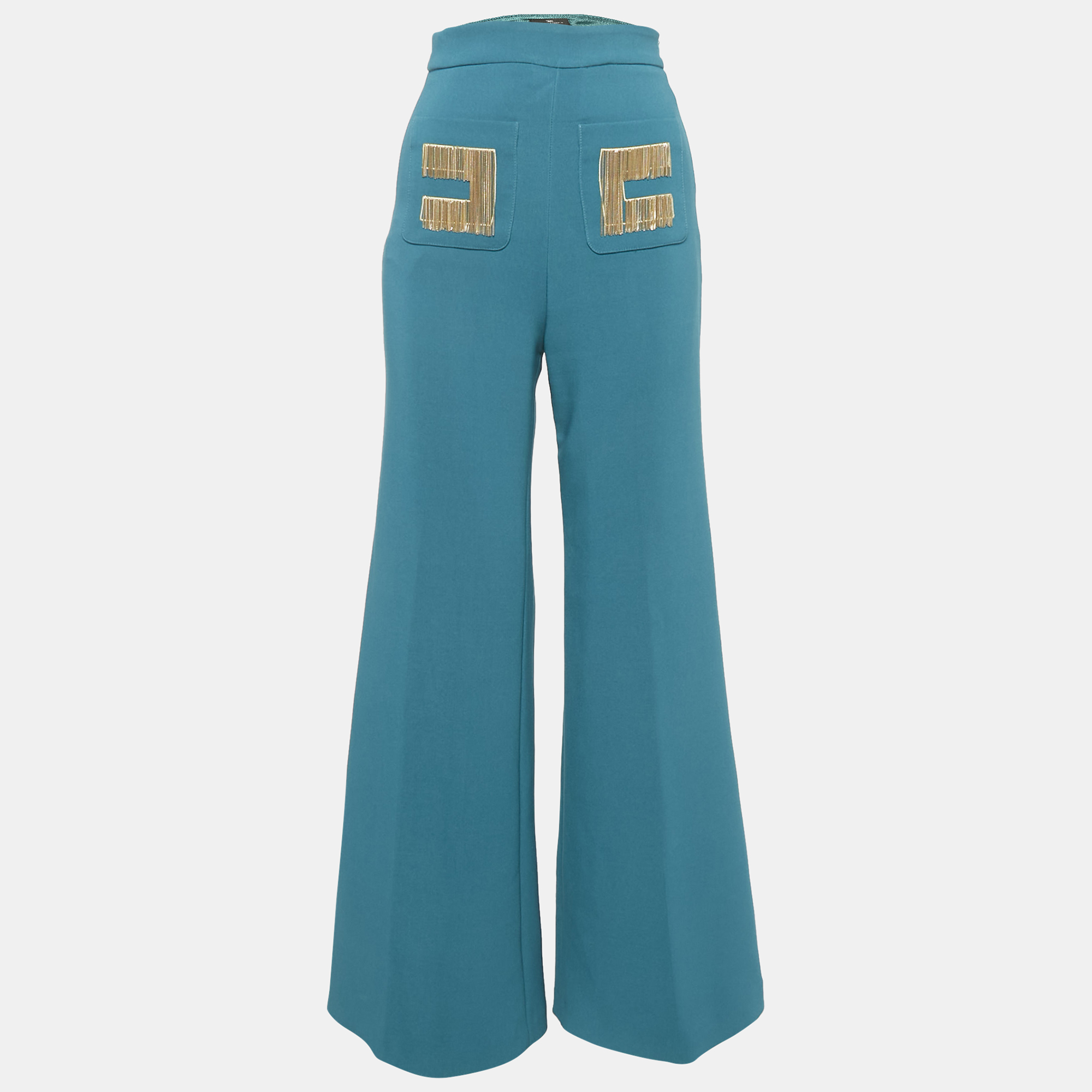 

Elisabetta Franchi Teal Blue Crepe Chain Detail Flared Trousers S