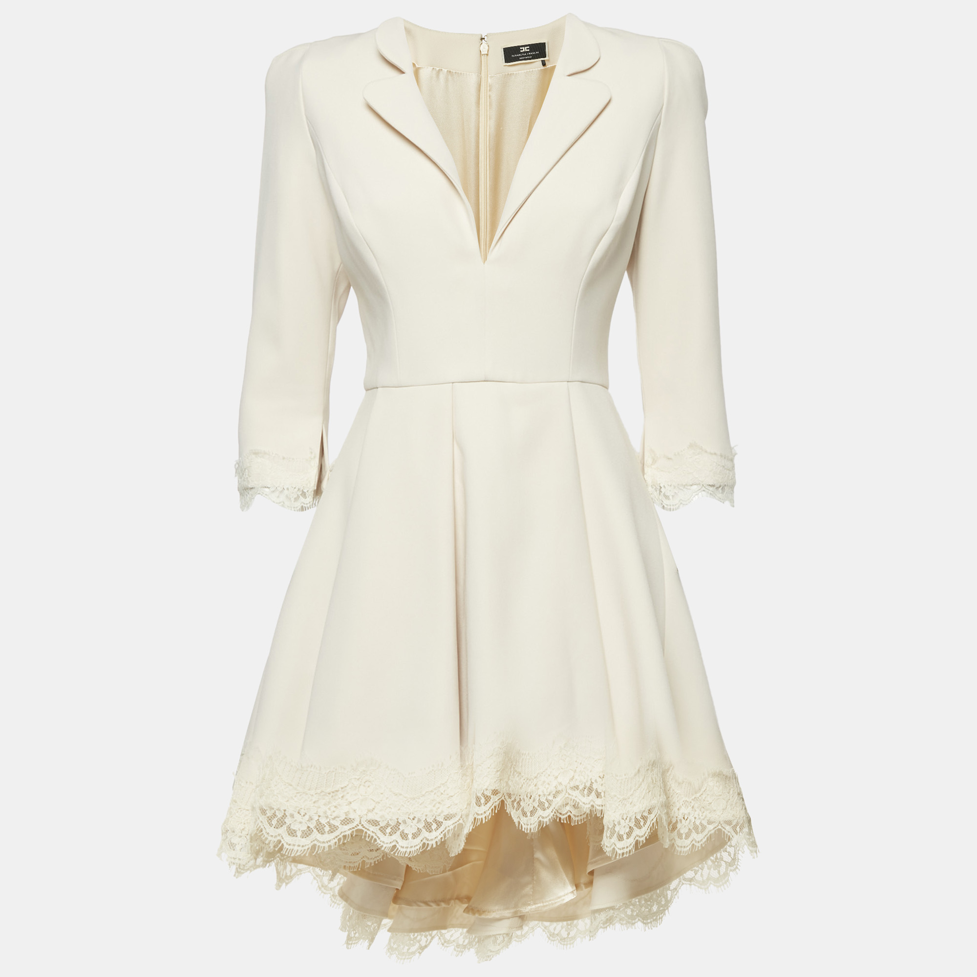 

Elisabetta Franchi Beige Crepe Lace Trim Flared Mini Dress M