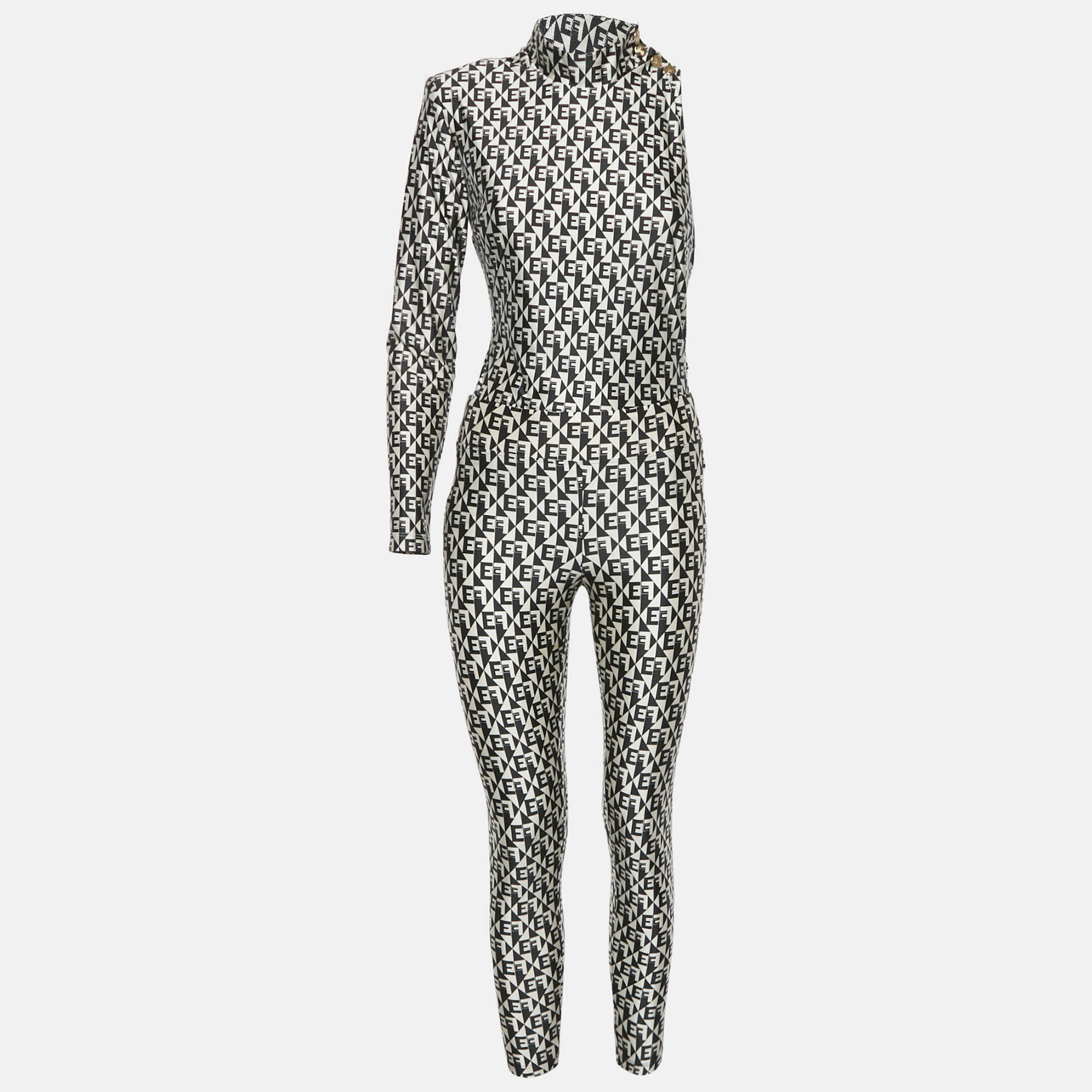 Pre-owned Elisabetta Franchi Monogram Print Jersey Bodysuit And Leggings Set M/l In Black