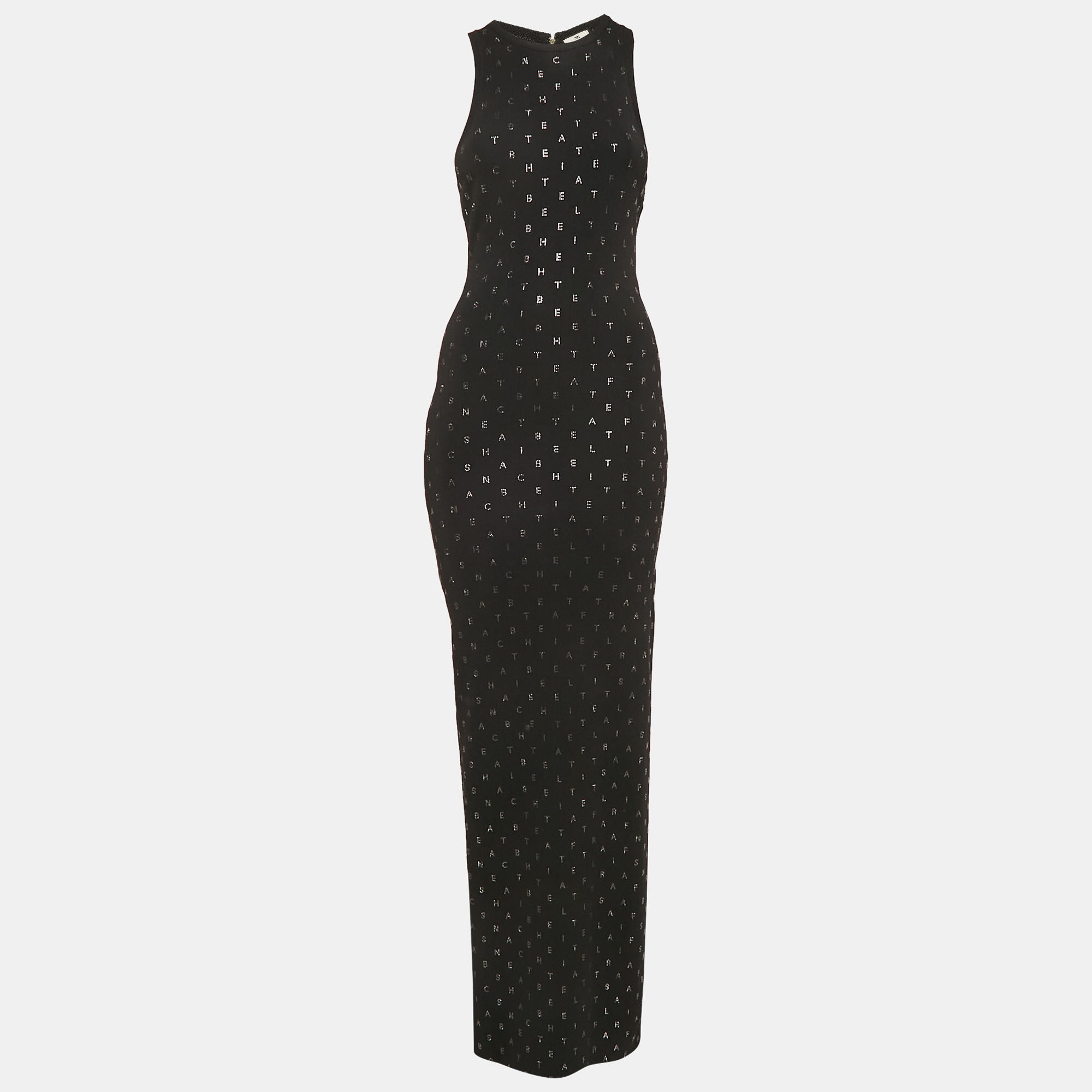 

Elisabetta Franchi Black Rhinestone Lettering Rib Knit Red Carpet Dress M