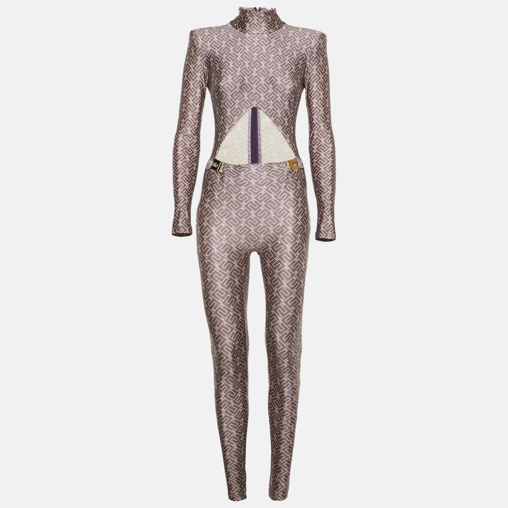 Pre-owned Elisabetta Franchi Lavender Logo Print Jersey Cut-out Detail Jumpsuit S In Purple