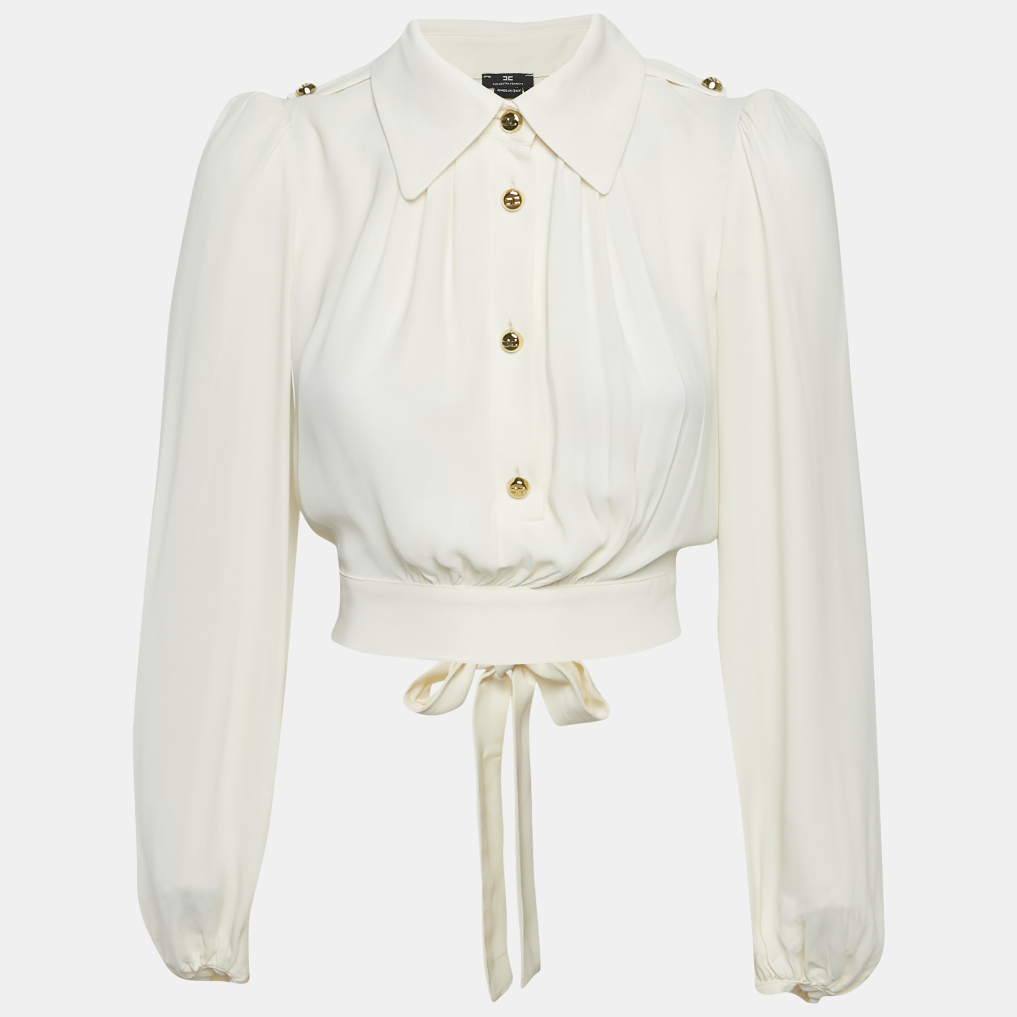 Pre-owned Elisabetta Franchi Off-white Crepe Tie-up Blouse S